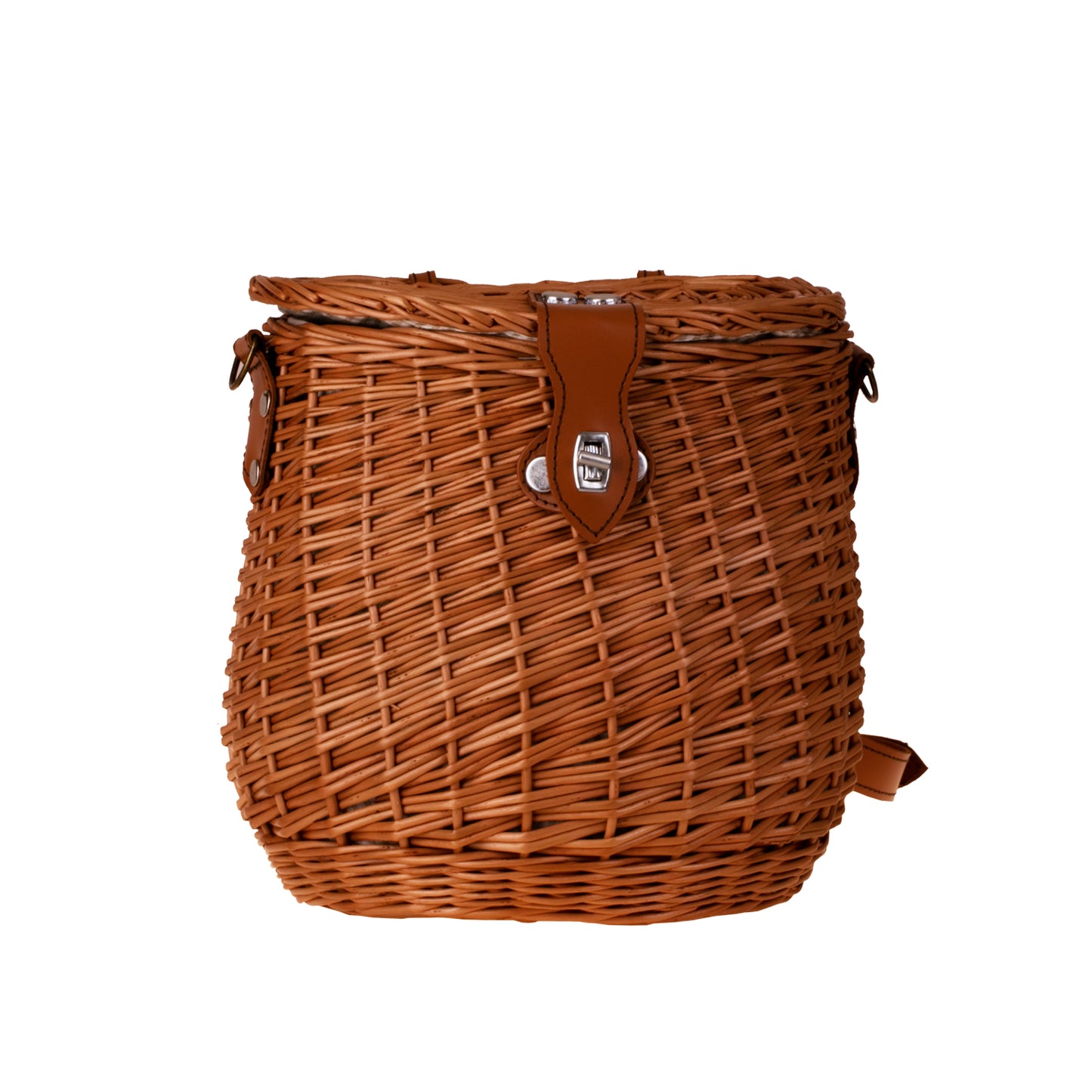 Scout wiklinowy plecak z beżowym obszyciem i skórzanymi paskami TheWickerStories