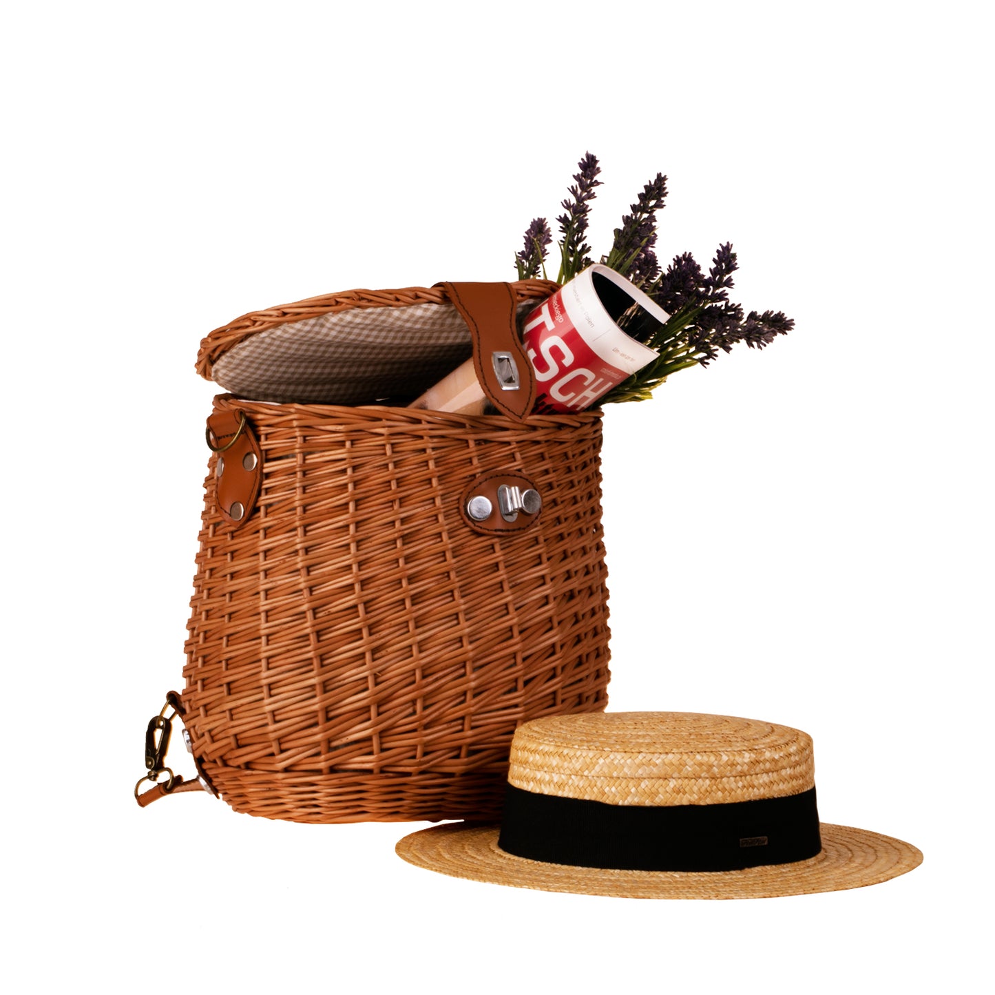 Scout wiklinowy plecak z beżowym obszyciem i skórzanymi paskami TheWickerStories