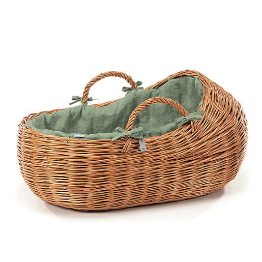 Desayer wiklinowy kosz Mojżesza dla niemowląt z zielonym obszyciem, z uchwytami i materacem TheWickerStories