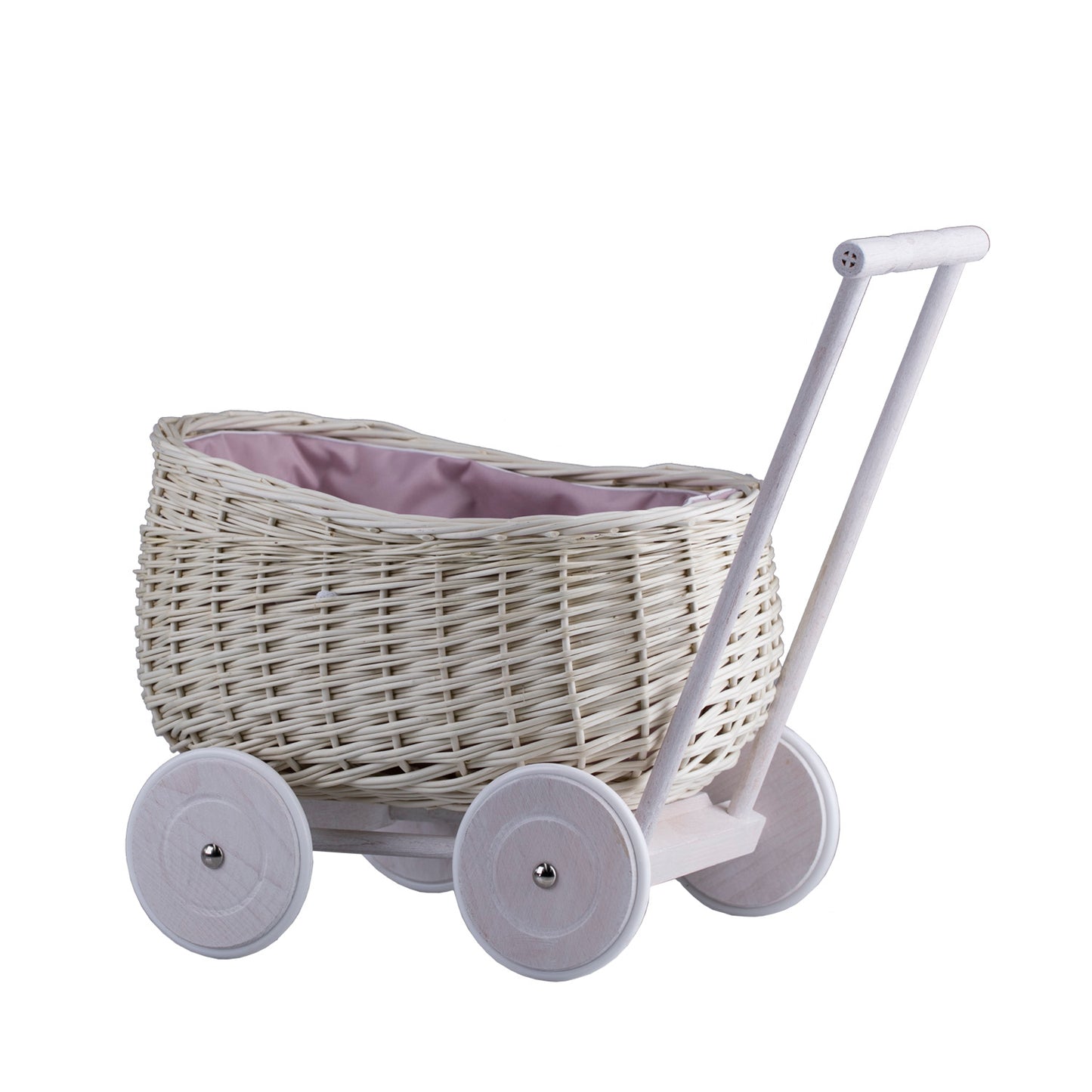 Luke wiklinowy wózek pchacz z różowym obszyciem TheWickerStories