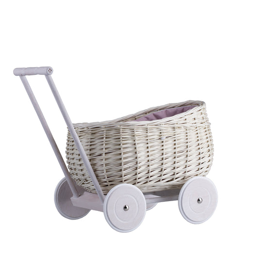 Luke wiklinowy wózek pchacz z różowym obszyciem TheWickerStories