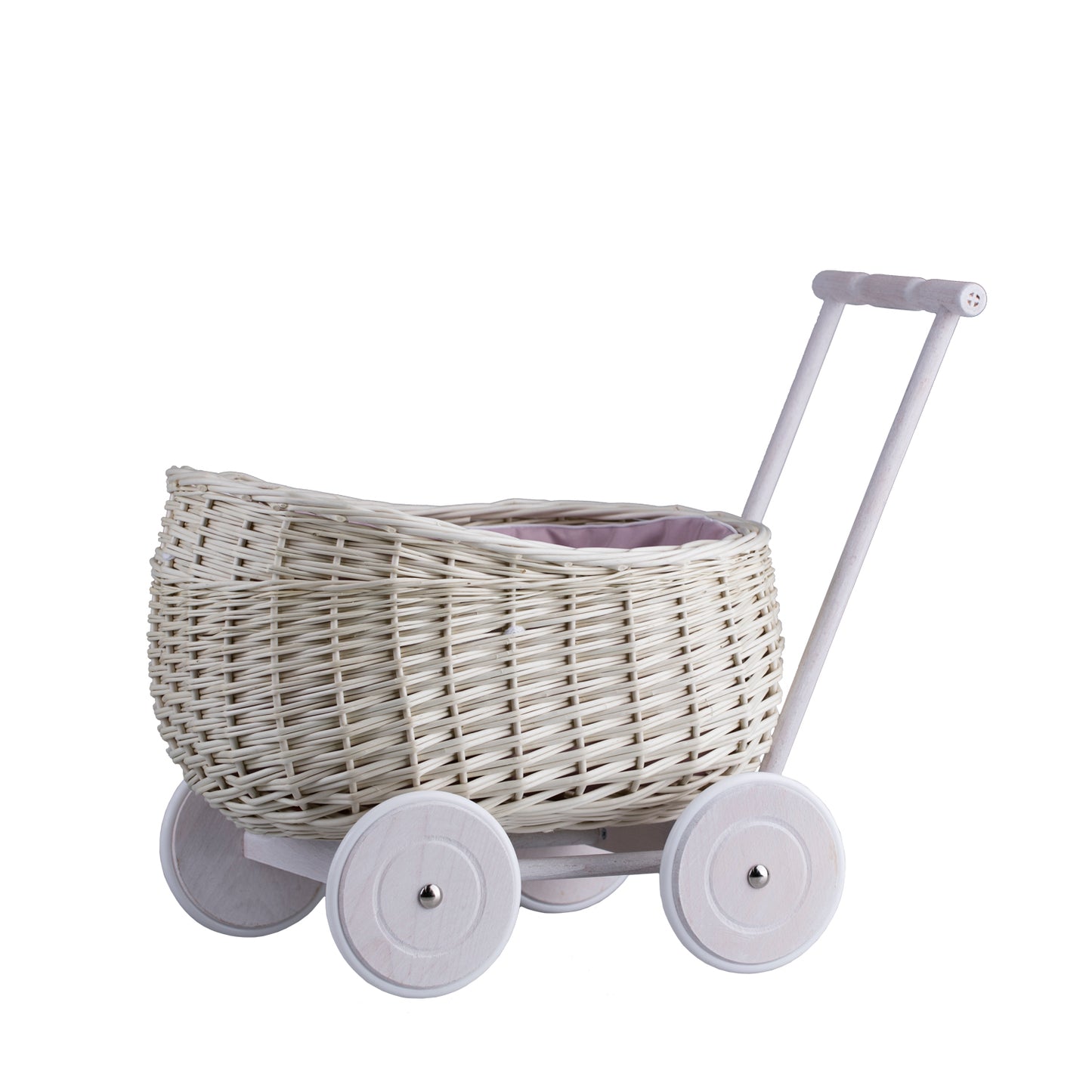 Luke wiklinowy wózek pchacz z różowym obszyciem TheWickerStories