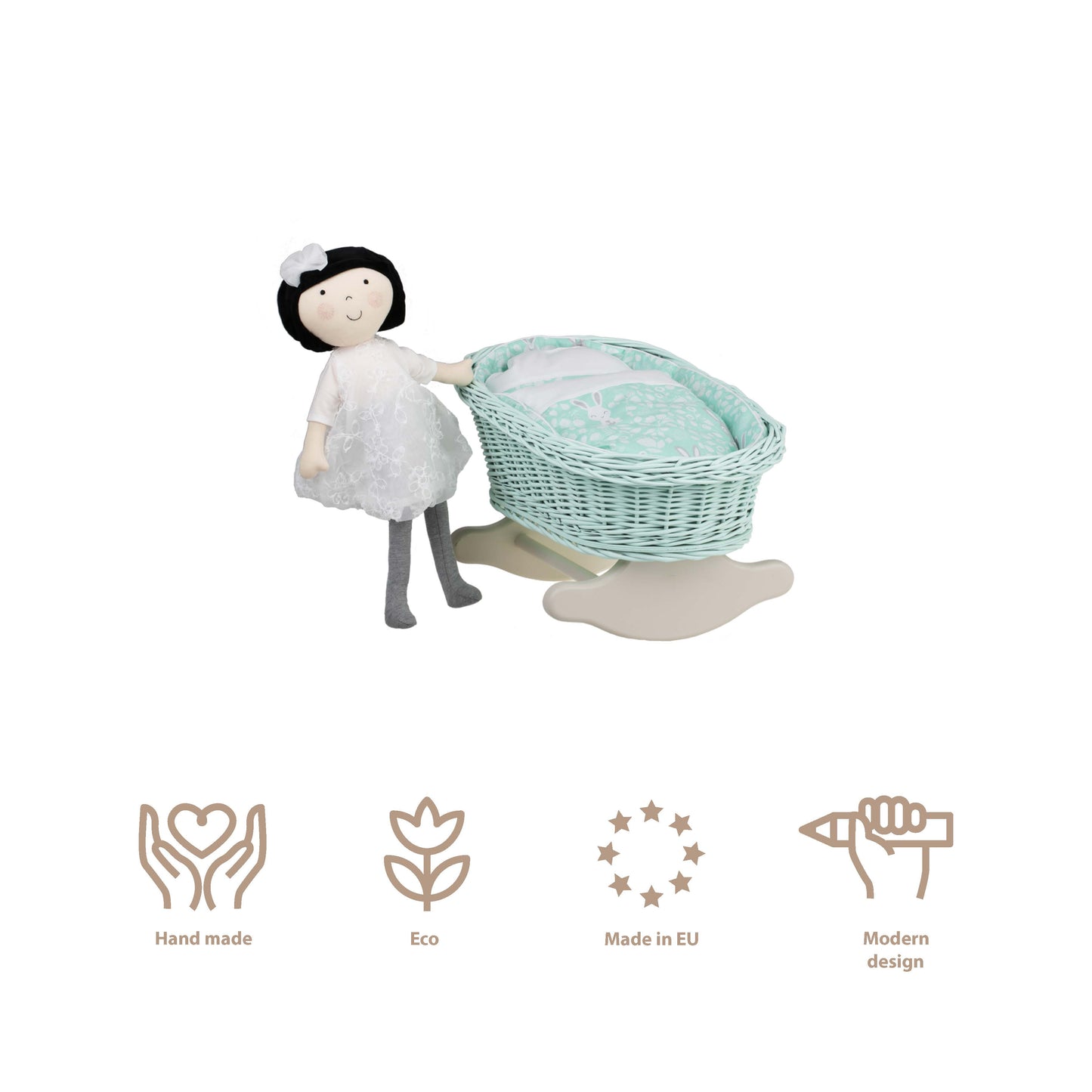 Mimi wiklinowa kołyska dla lalek z miętowym obszyciem, poduszką i kołderką TheWickerStories