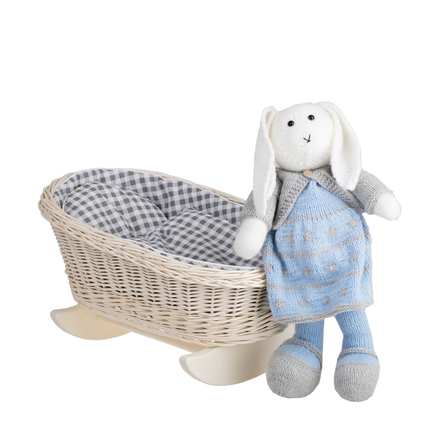 Mimi wiklinowa kołyska dla lalek z szarym obszyciem, poduszką i kołderką TheWickerStories