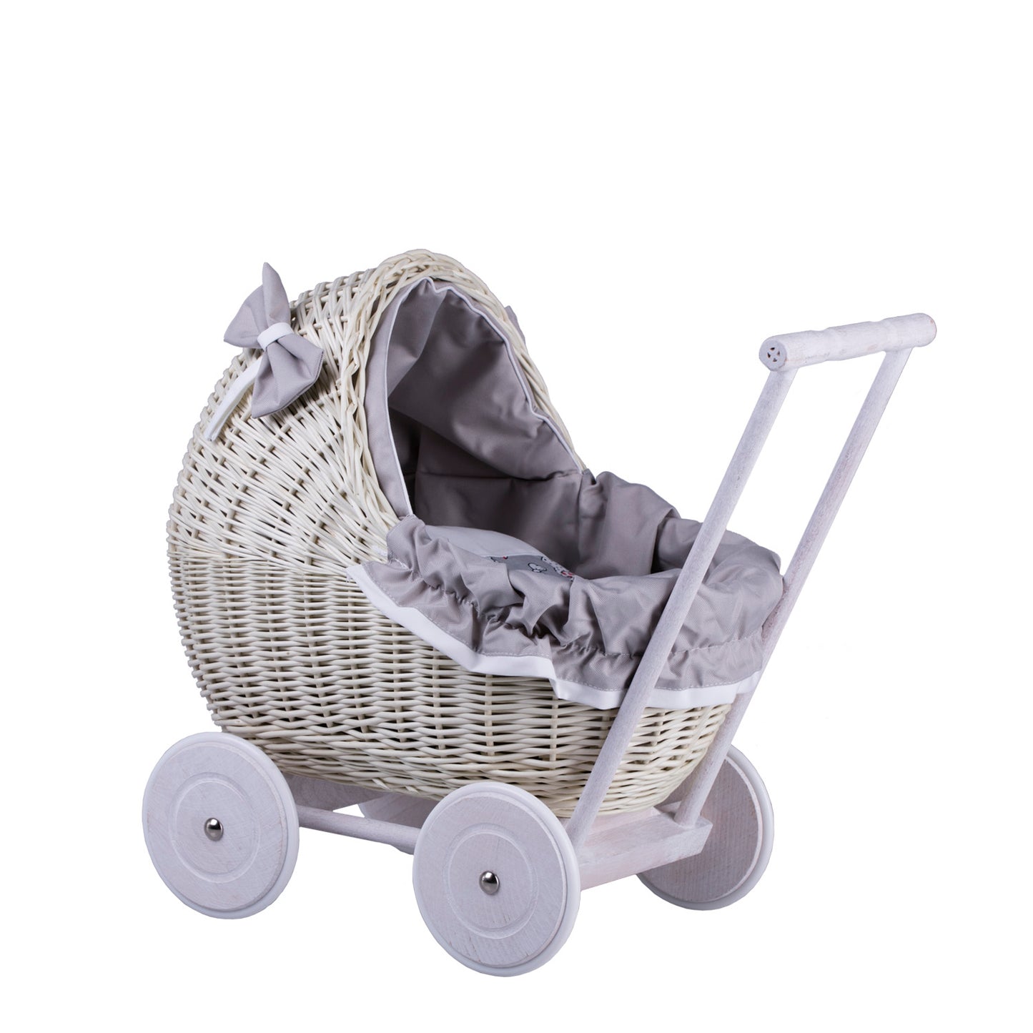 Lili wiklinowy wózek dla lalek z szarym obszyciem, kołderką i poduszką TheWickerStories