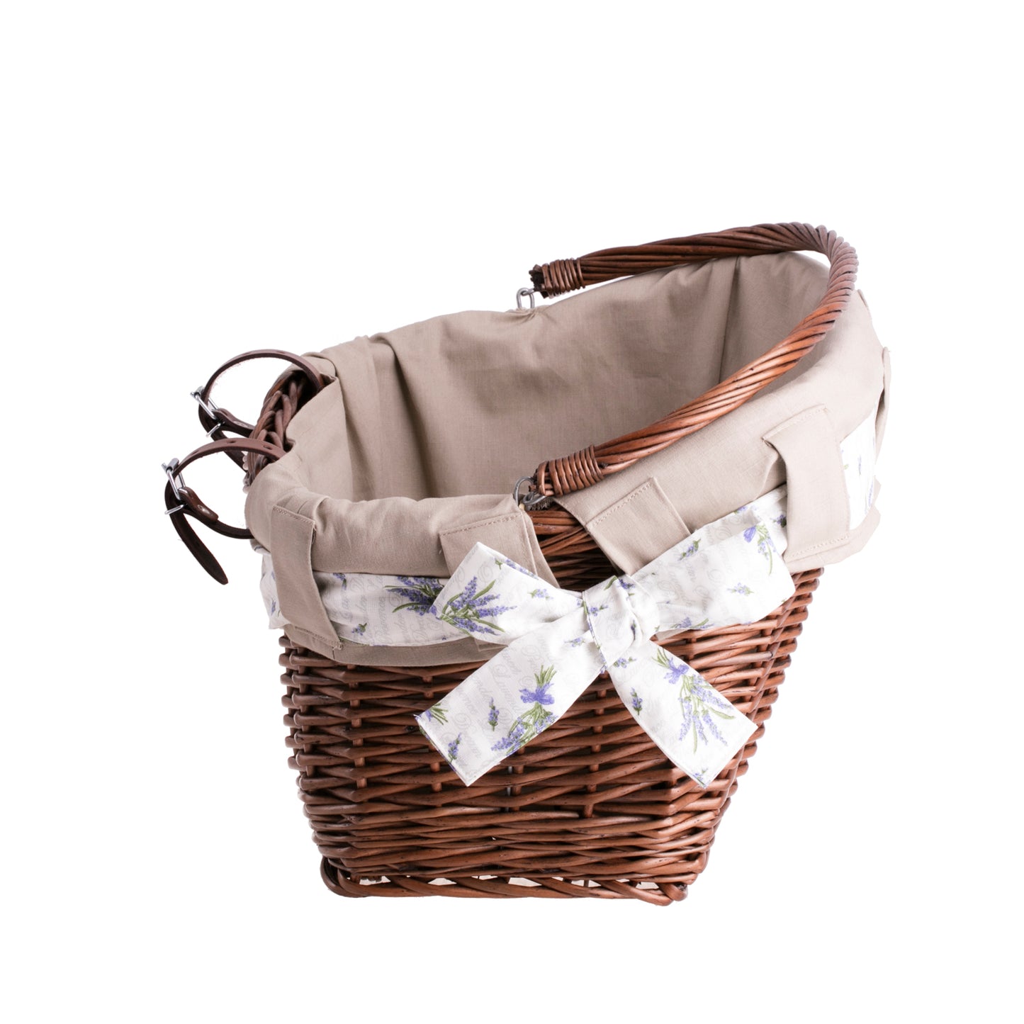 Magnus wiklinowy kosz na rower na kierownicę z beżowym obszyciem, z rączką i paskami TheWickerStories