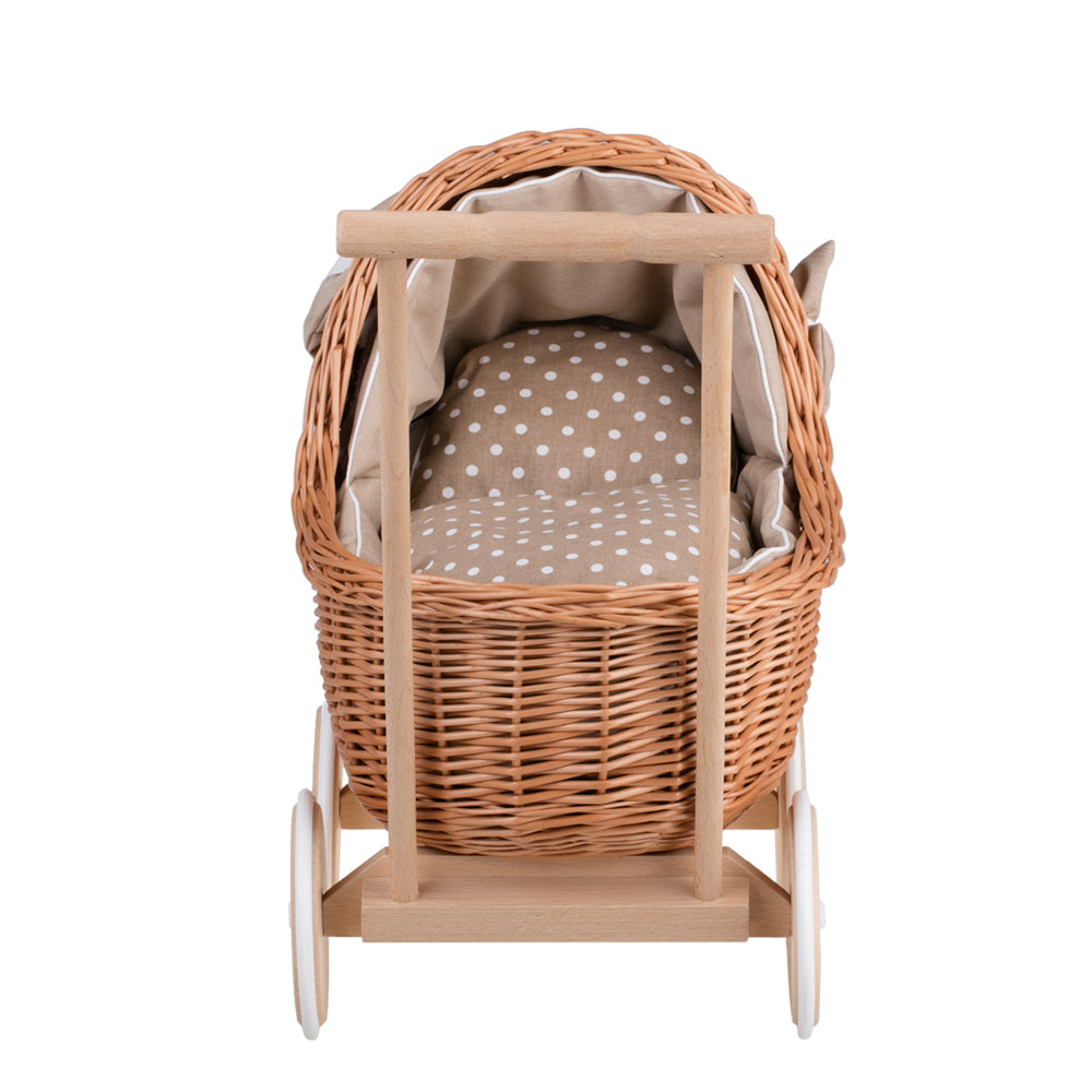 Lili wiklinowy wózek dla lalek z beżowym obszyciem, kołderką i poduszką TheWickerStories
