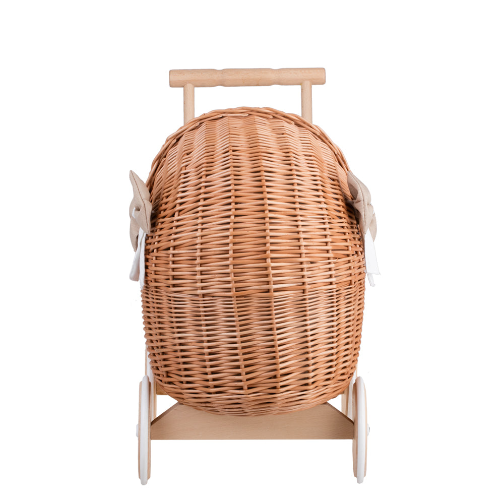 Lili wiklinowy wózek dla lalek z beżowym obszyciem, kołderką i poduszką TheWickerStories