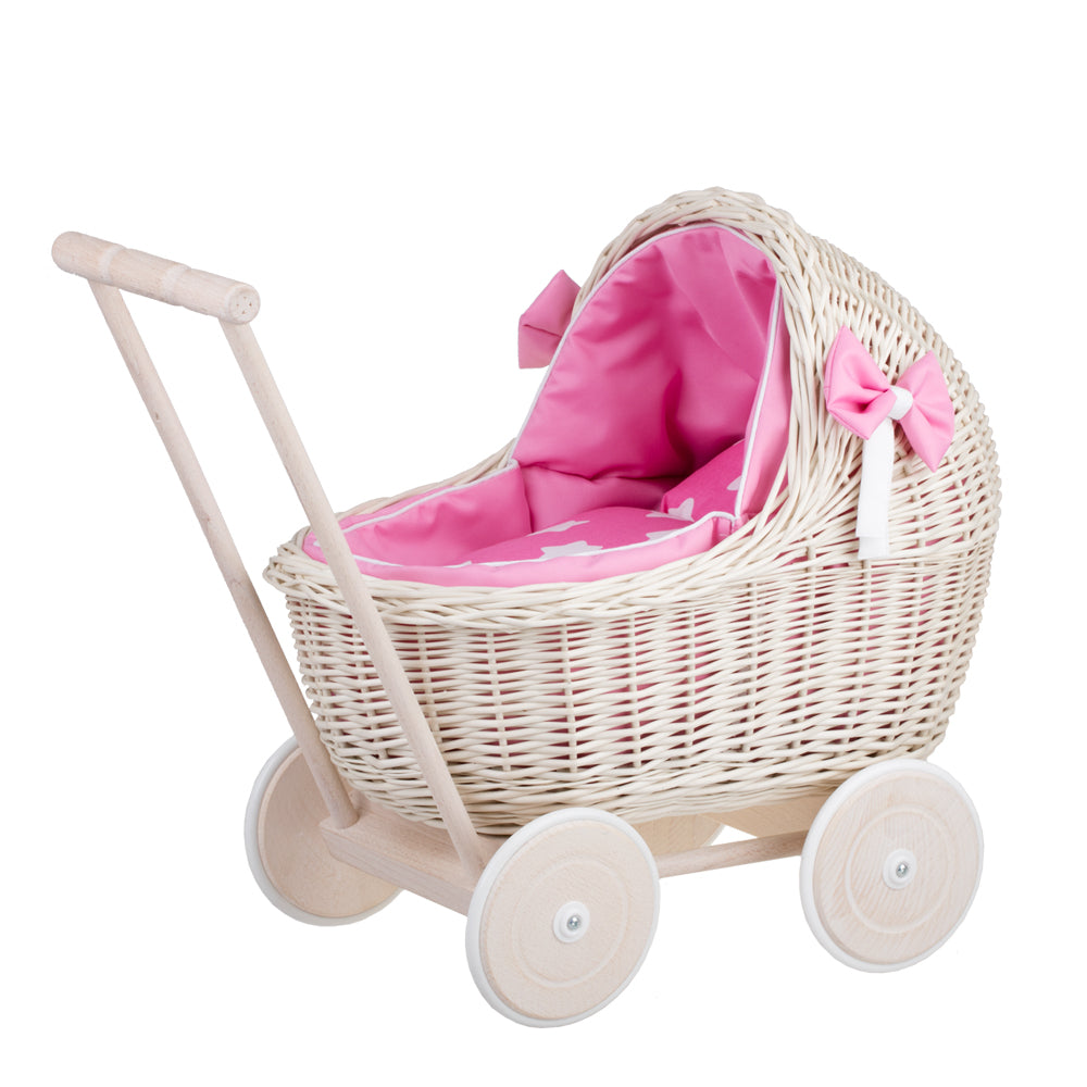 Lili wiklinowy wózek dla lalek z różowym obszyciem, kołderką i poduszką TheWickerStories