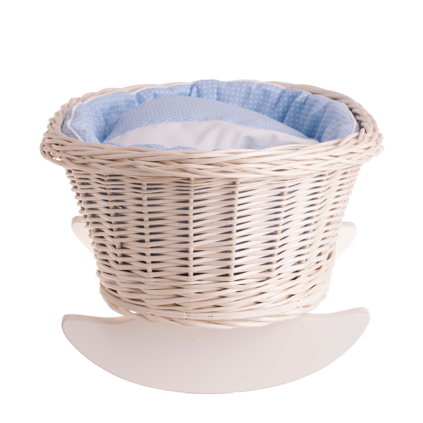 Mimi wiklinowa kołyska dla lalek z niebieskim obszyciem, poduszką i kołderką TheWickerStories