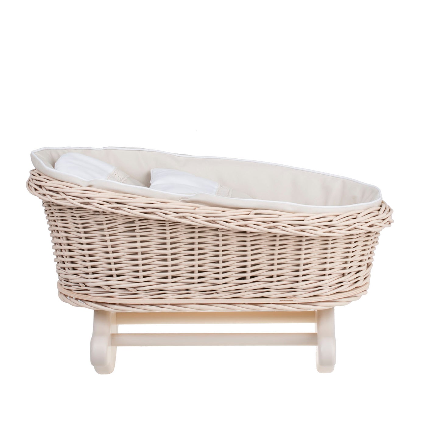Mimi wiklinowa kołyska dla lalek z beżowym obszyciem, poduszką i kołderką TheWickerStories