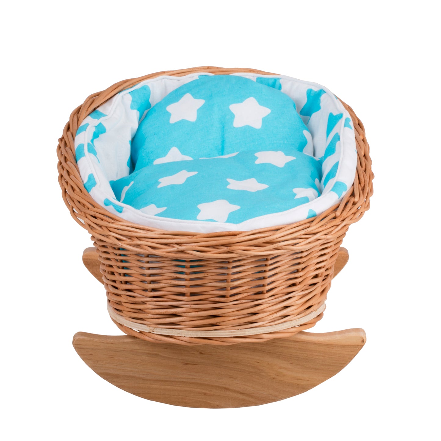 Mimi wiklinowa kołyska dla lalek z niebieskim obszyciem, poduszką i kołderką TheWickerStories
