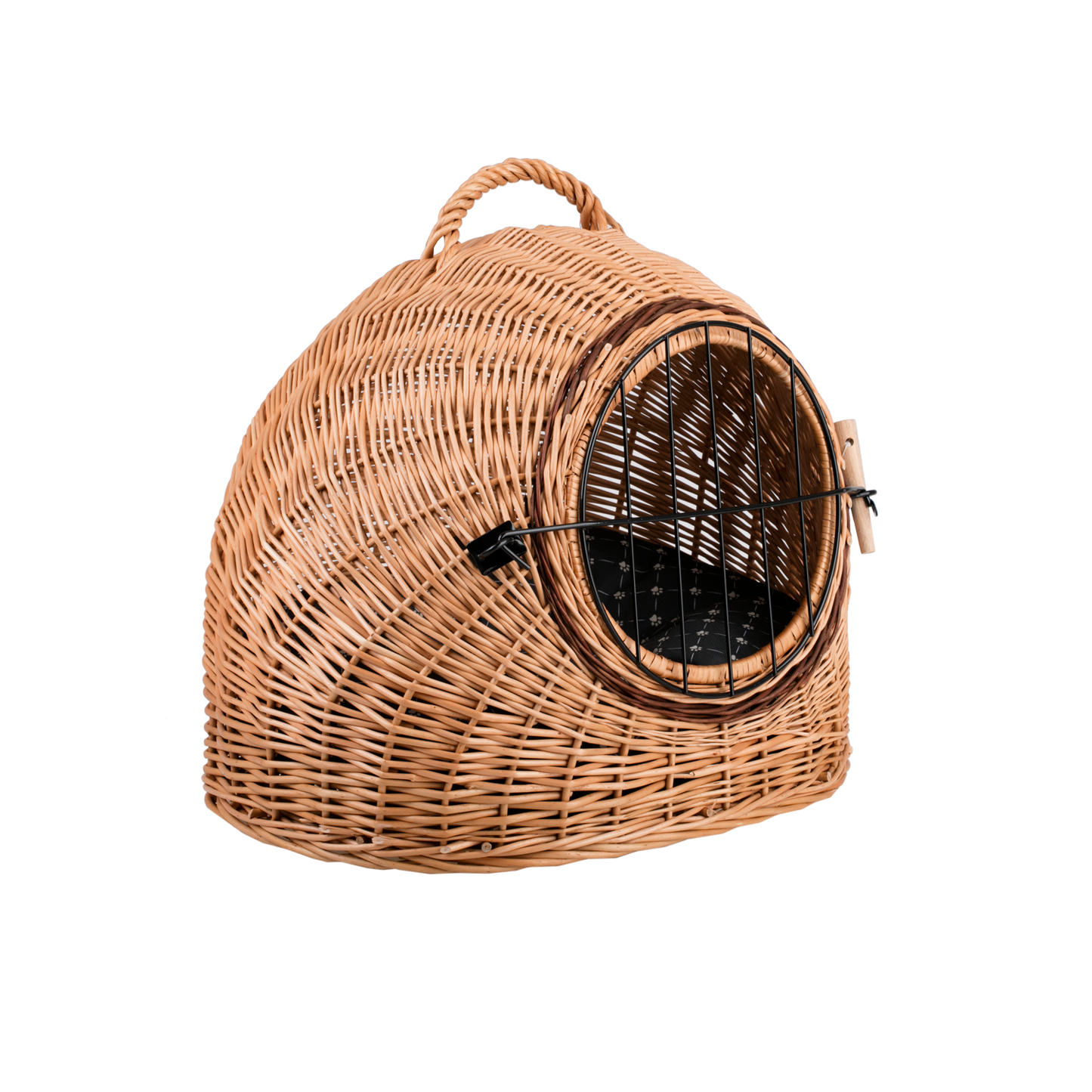 Tactus wiklinowy domek dla kota z poduszką, uchwytem i drzwiczkami TheWickerStories