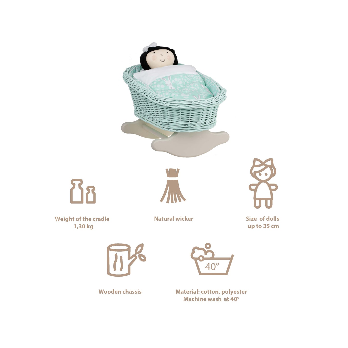 Mimi wiklinowa kołyska dla lalek z miętowym obszyciem, poduszką i kołderką TheWickerStories