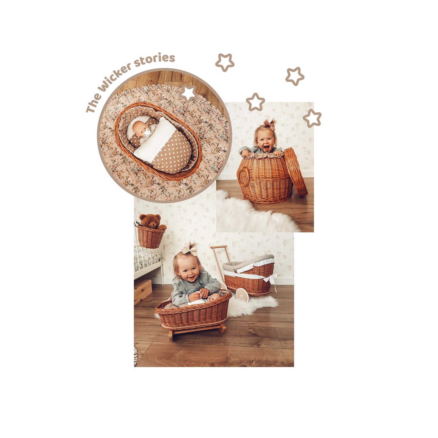 Mimi wiklinowa kołyska dla lalek z beżowym obszyciem, poduszką i kołderką TheWickerStories