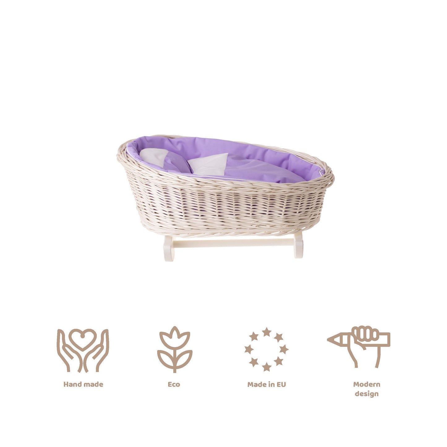 Mimi wiklinowa kołyska dla lalek z fioletowym obszyciem, poduszką i kołderką TheWickerStories