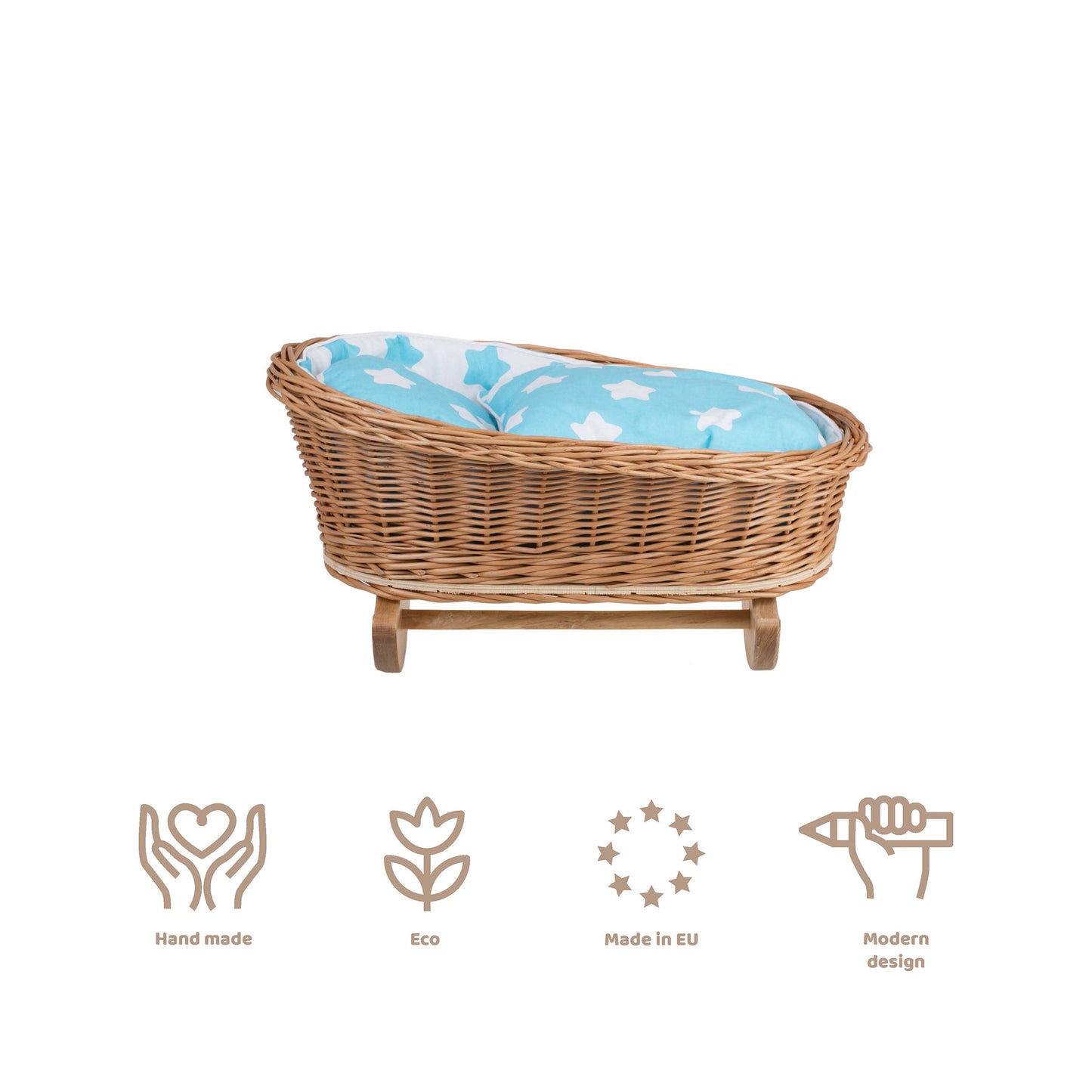 Mimi wiklinowa kołyska dla lalek z niebieskim obszyciem, poduszką i kołderką TheWickerStories