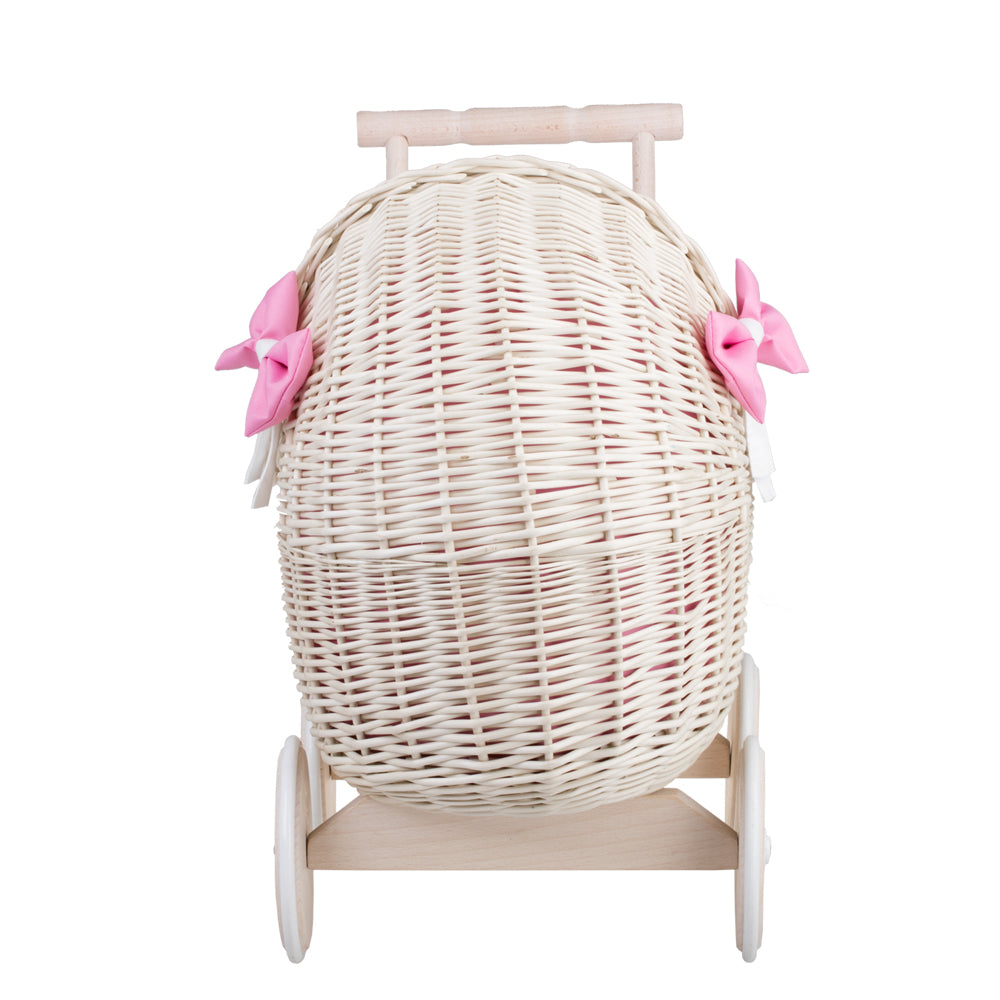 Lili wiklinowy wózek dla lalek z różowym obszyciem, kołderką i poduszką TheWickerStories