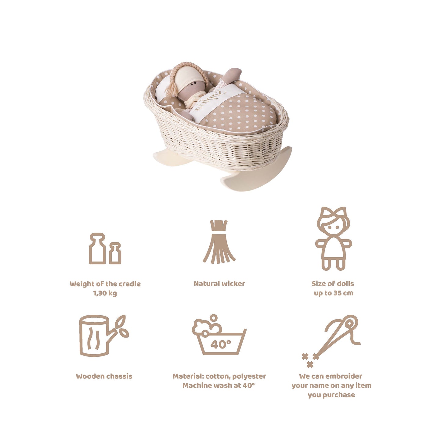 Mimi wiklinowa kołyska dla lalek z personalizacją, beżowym obszyciem, poduszką i kołderką TheWickerStories