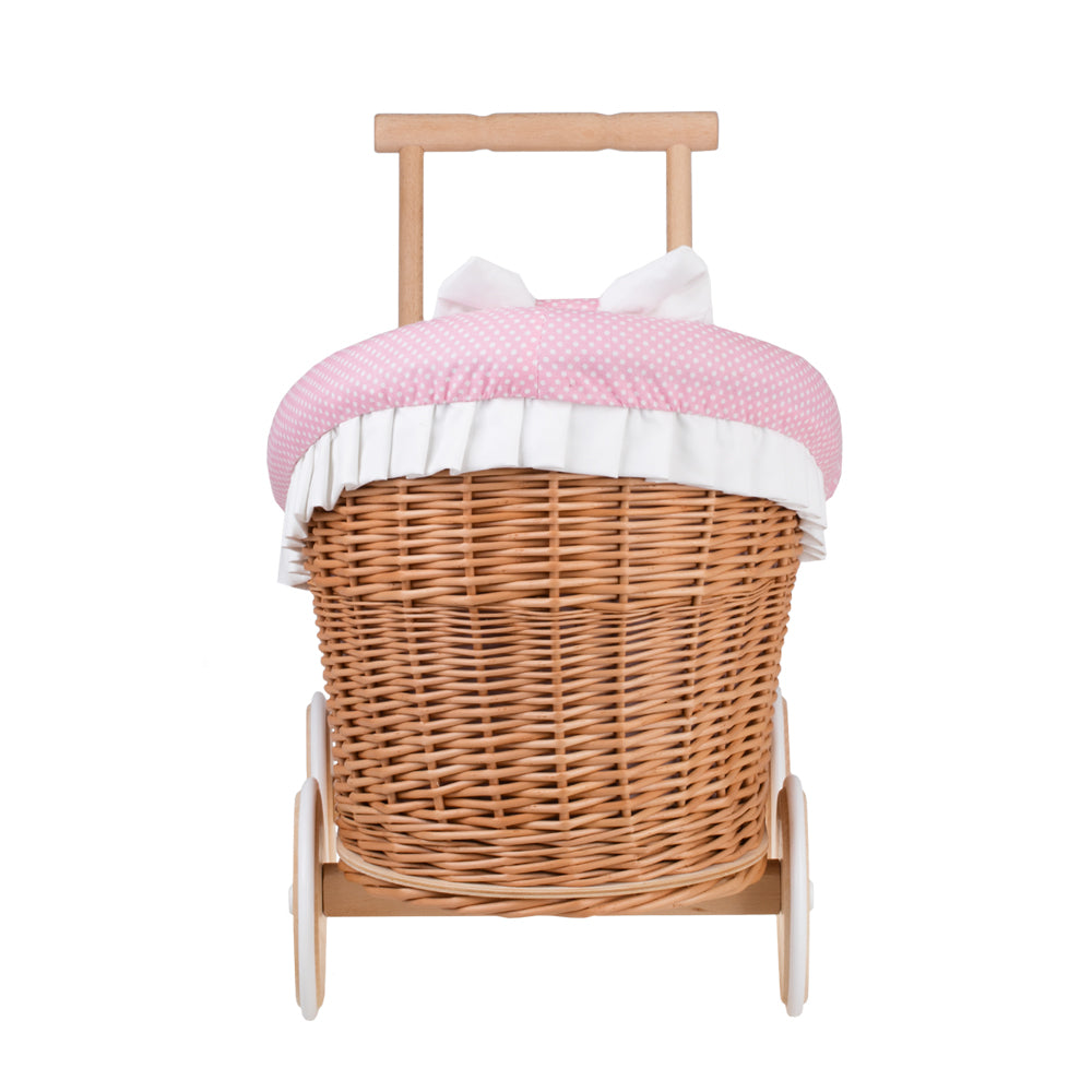 Luna wiklinowy wózek dla lalek z różowym obszyciem, kołderką i poduszką TheWickerStories