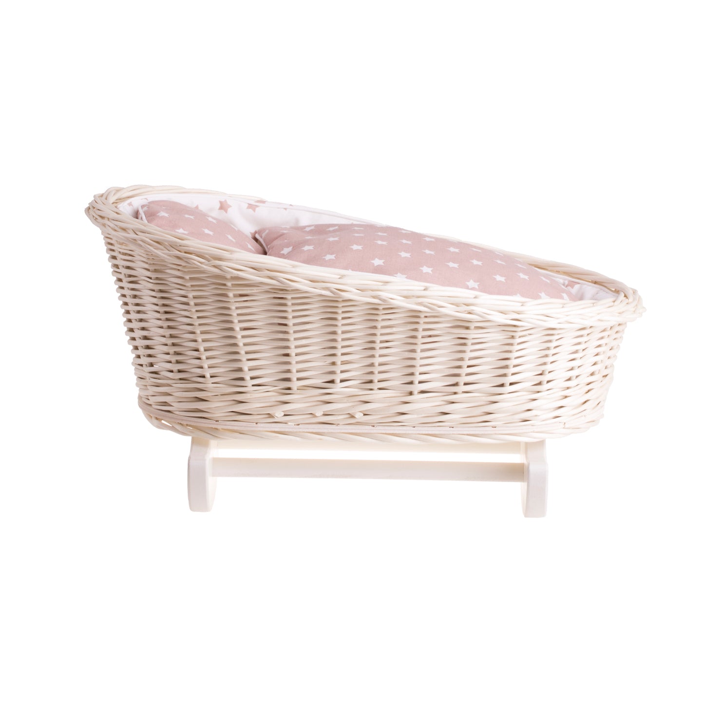 Mimi wiklinowa kołyska dla lalek z białym obszyciem, poduszką i kołderką TheWickerStories