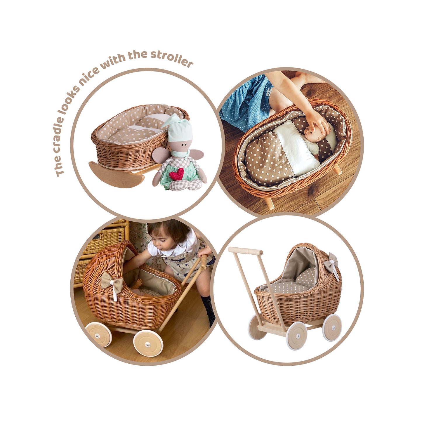 Mimi wiklinowa kołyska dla lalek z beżowym obszyciem, poduszką i kołderką TheWickerStories