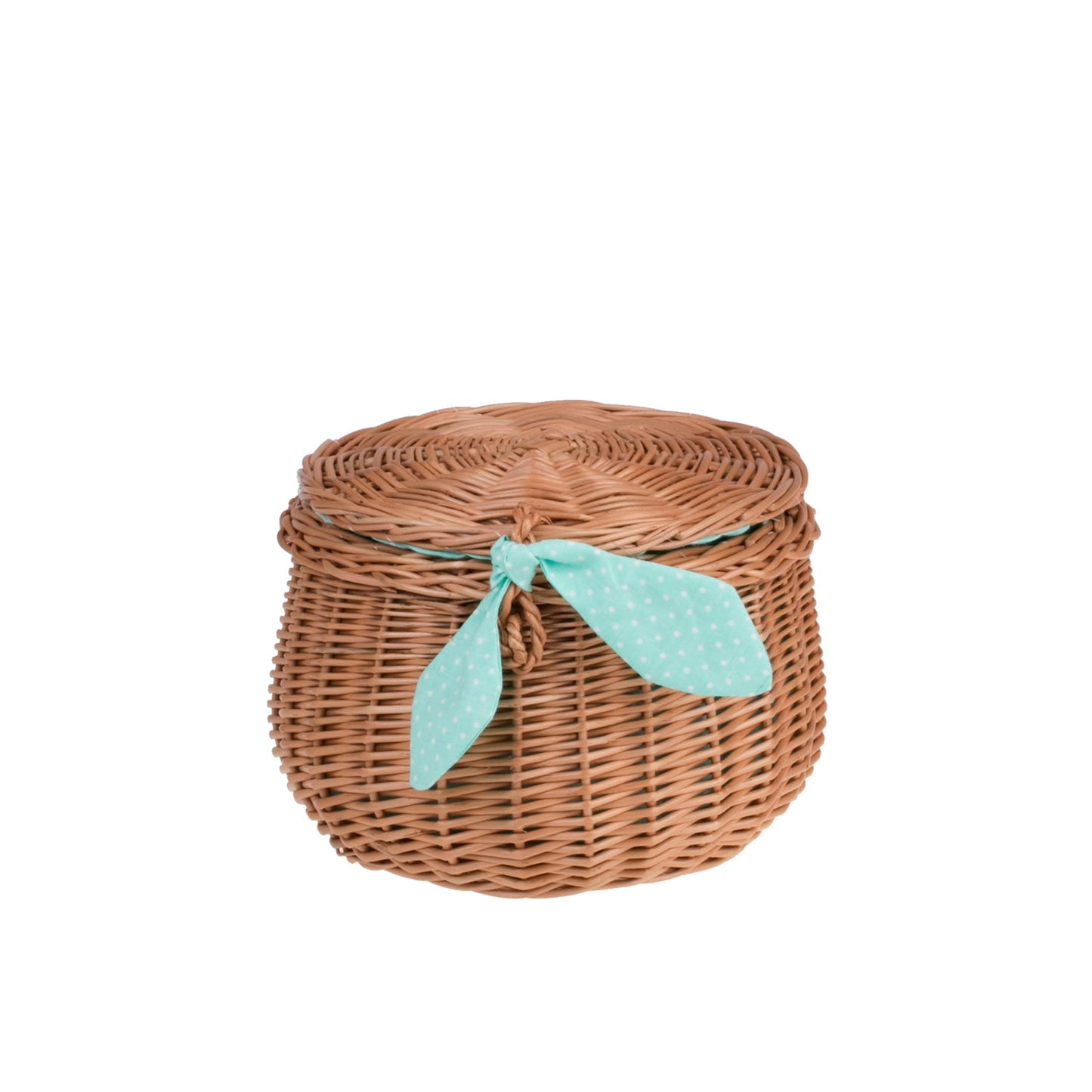Zethina wiklinowy koszyczek z miętowym obszyciem, pokrywą i zamknięciem TheWickerStories