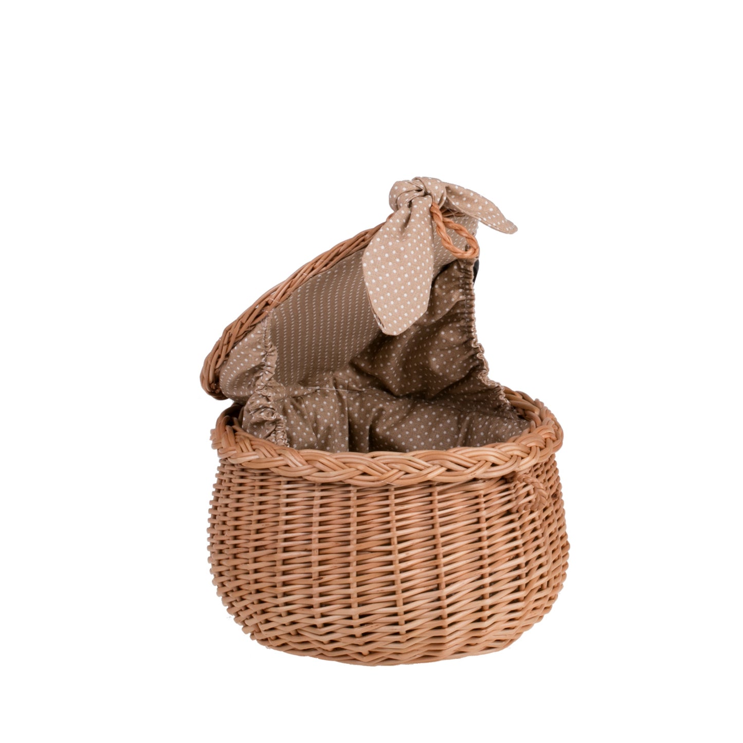 Zethina wiklinowy koszyczek z beżowym obszyciem, pokrywą i zamknięciem TheWickerStories