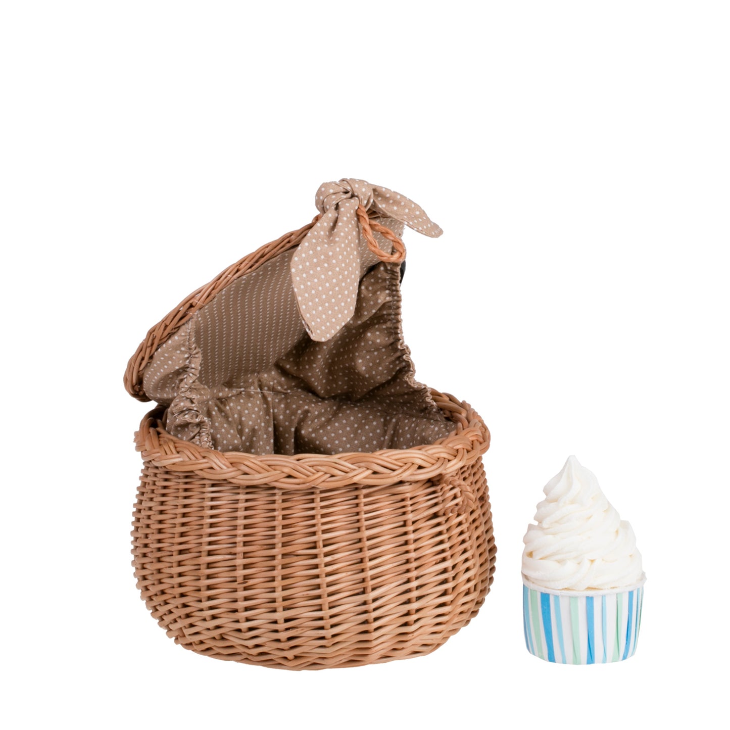 Zethina wiklinowy koszyczek z beżowym obszyciem, pokrywą i zamknięciem TheWickerStories