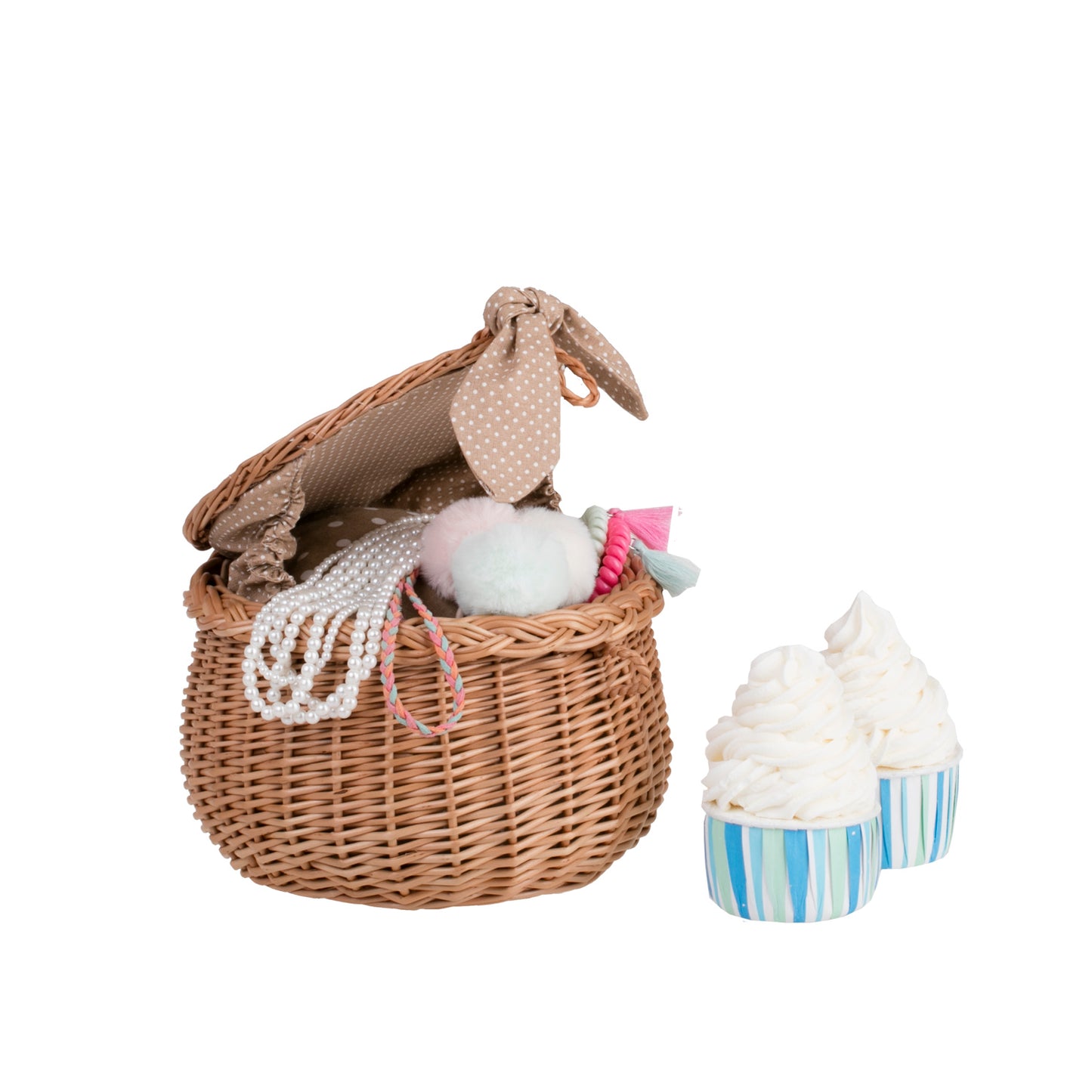 Zethina wiklinowy koszyczek z beżowym obszyciem, pokrywą i zamknięciem TheWickerStories