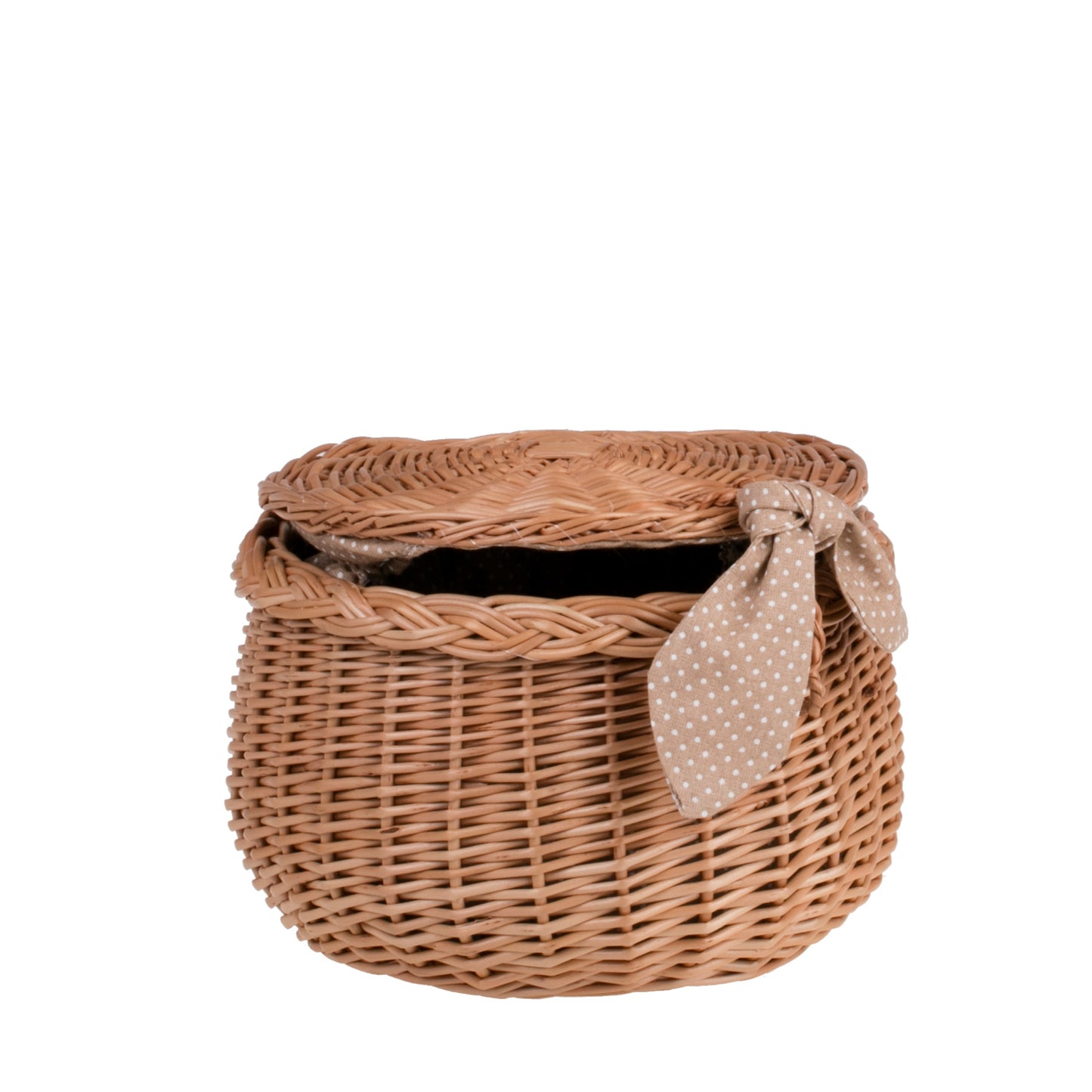 Zethina wiklinowy koszyczek z beżowym obszyciem, pokrywą i zamknięciem TheWickerStories