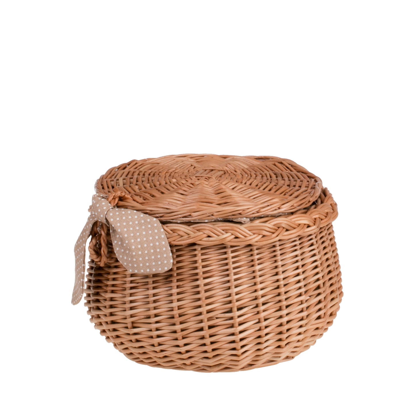 Zethina wiklinowy koszyczek z beżowym obszyciem, pokrywą i zamknięciem TheWickerStories