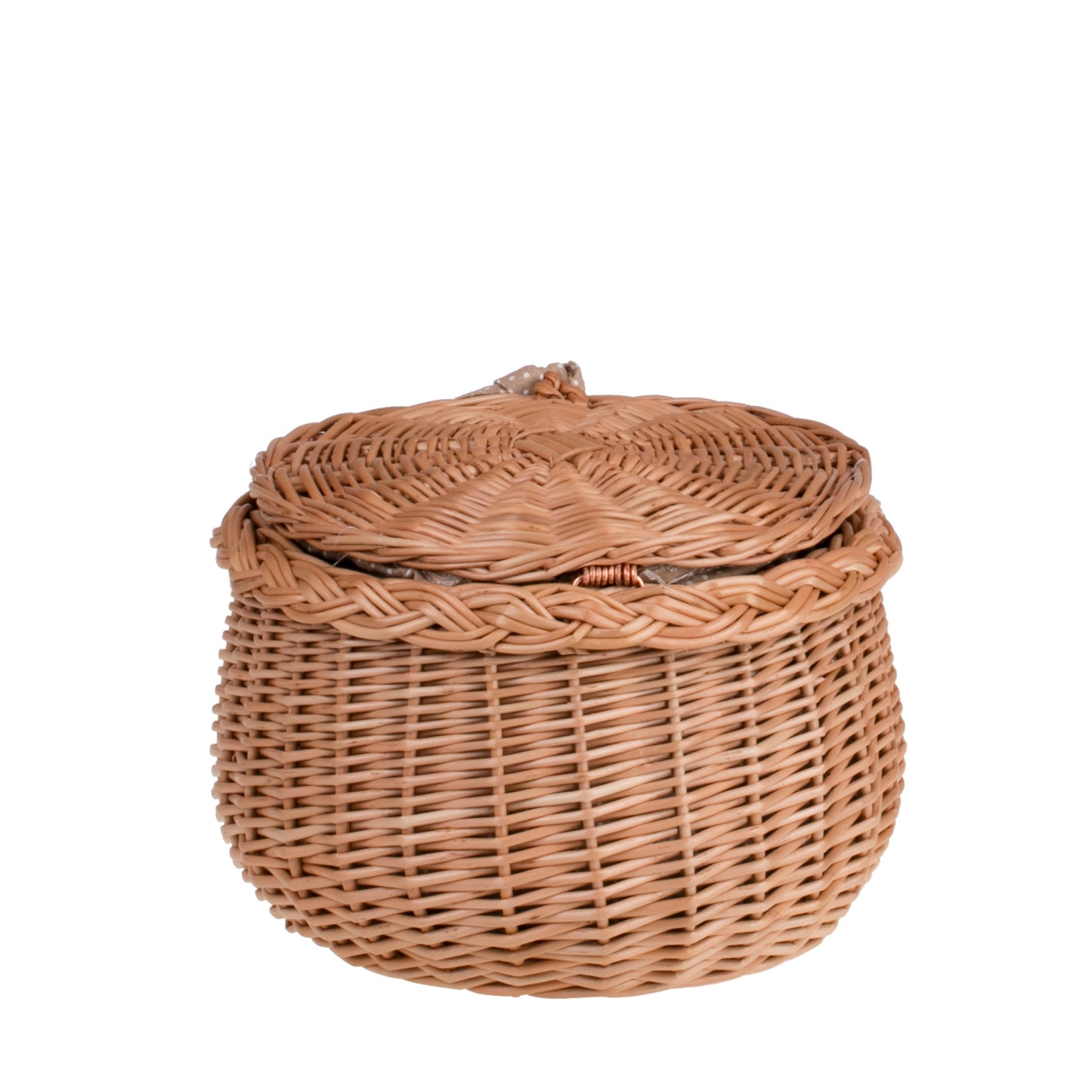 Zethina wiklinowy koszyczek z beżowym obszyciem, pokrywą i zamknięciem TheWickerStories