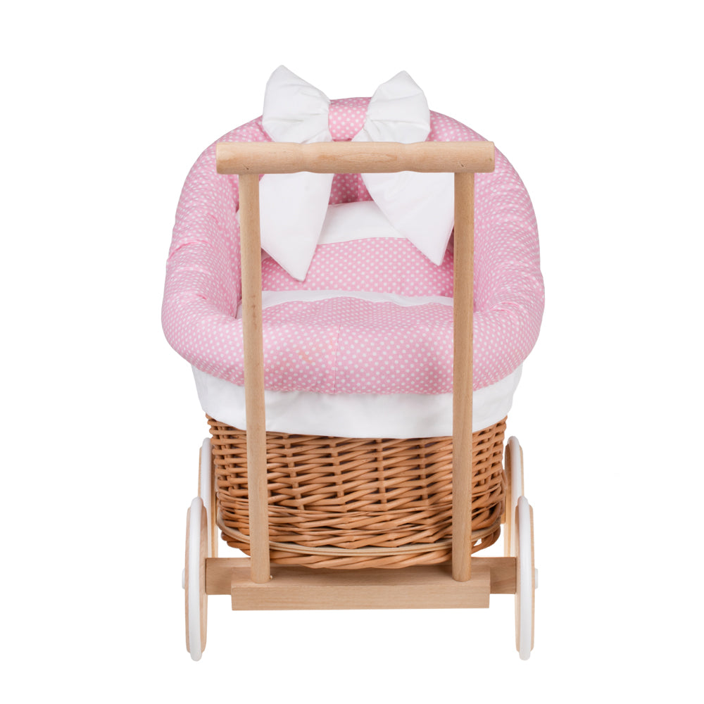 Luna wiklinowy wózek dla lalek z różowym obszyciem, kołderką i poduszką TheWickerStories