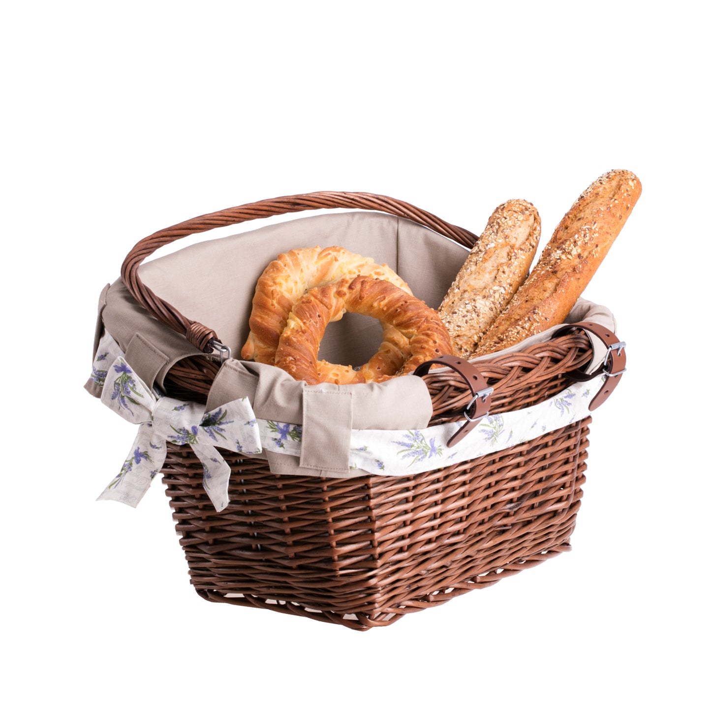 Magnus wiklinowy kosz na rower na kierownicę z beżowym obszyciem, z rączką i paskami TheWickerStories