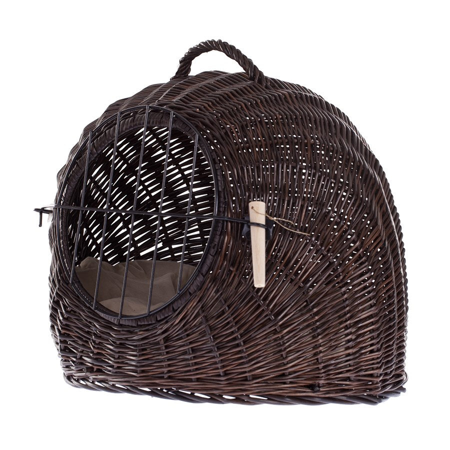Tactus wiklinowy kosz dla zwierząt z brązową poduszką, kratką i zamknięciem TheWickerStories