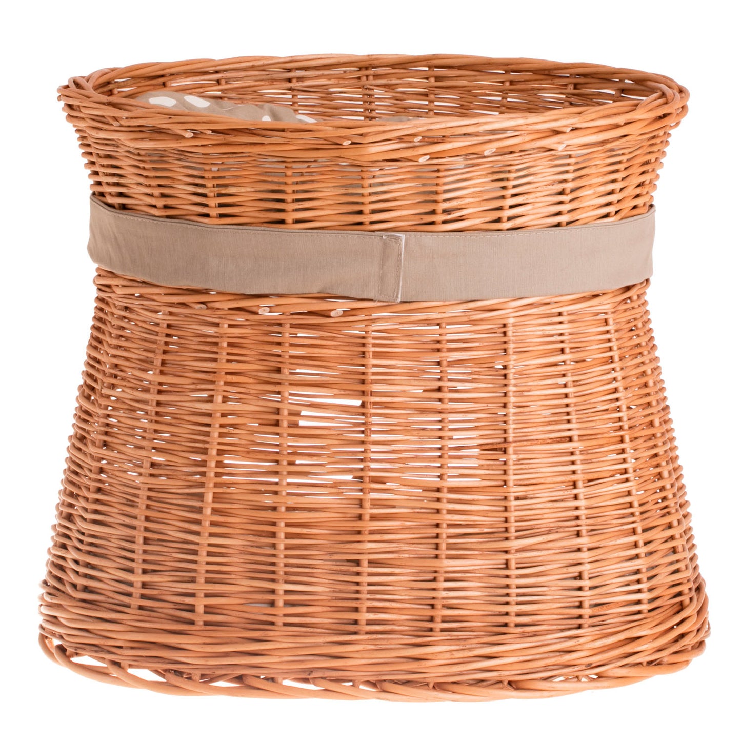 Erif wiklinowy domek dla kota z beżowymi poduszkami, dwie kondygnacje, z kokardą TheWickerStories