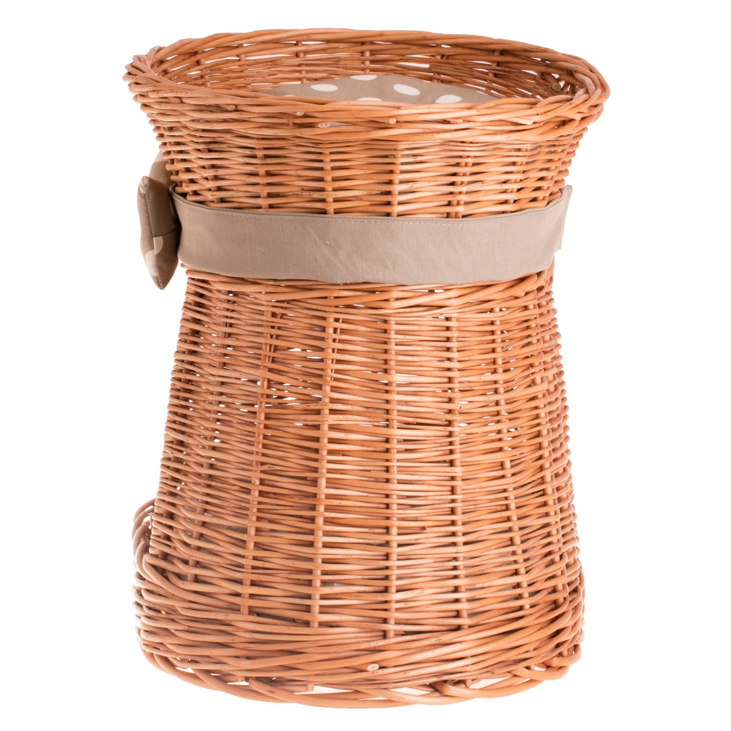 Erif wiklinowy domek dla kota z beżowymi poduszkami, dwie kondygnacje, z kokardą TheWickerStories