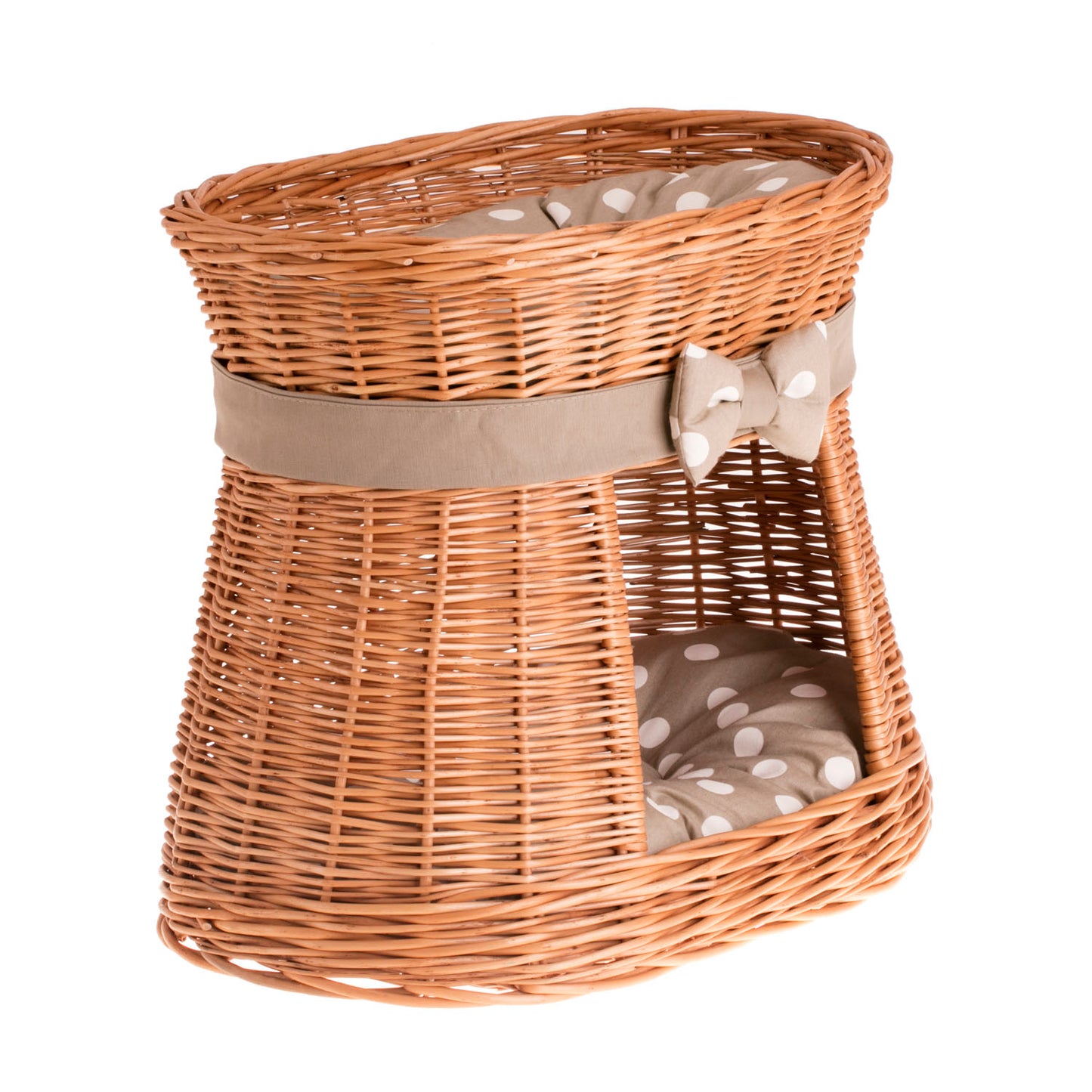 Erif wiklinowy domek dla kota z beżowymi poduszkami, dwie kondygnacje, z kokardą TheWickerStories