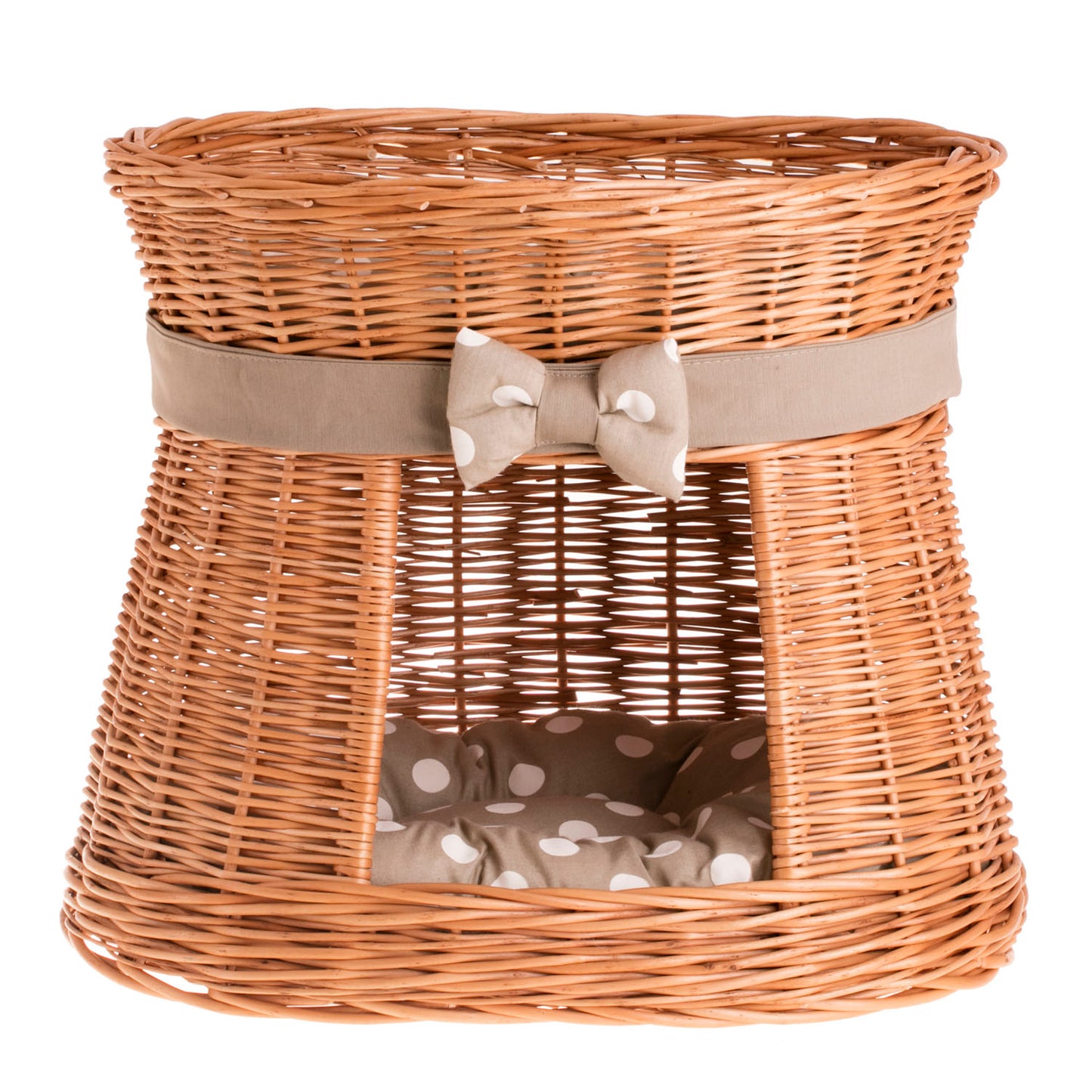 Erif wiklinowy domek dla kota z beżowymi poduszkami, dwie kondygnacje, z kokardą TheWickerStories