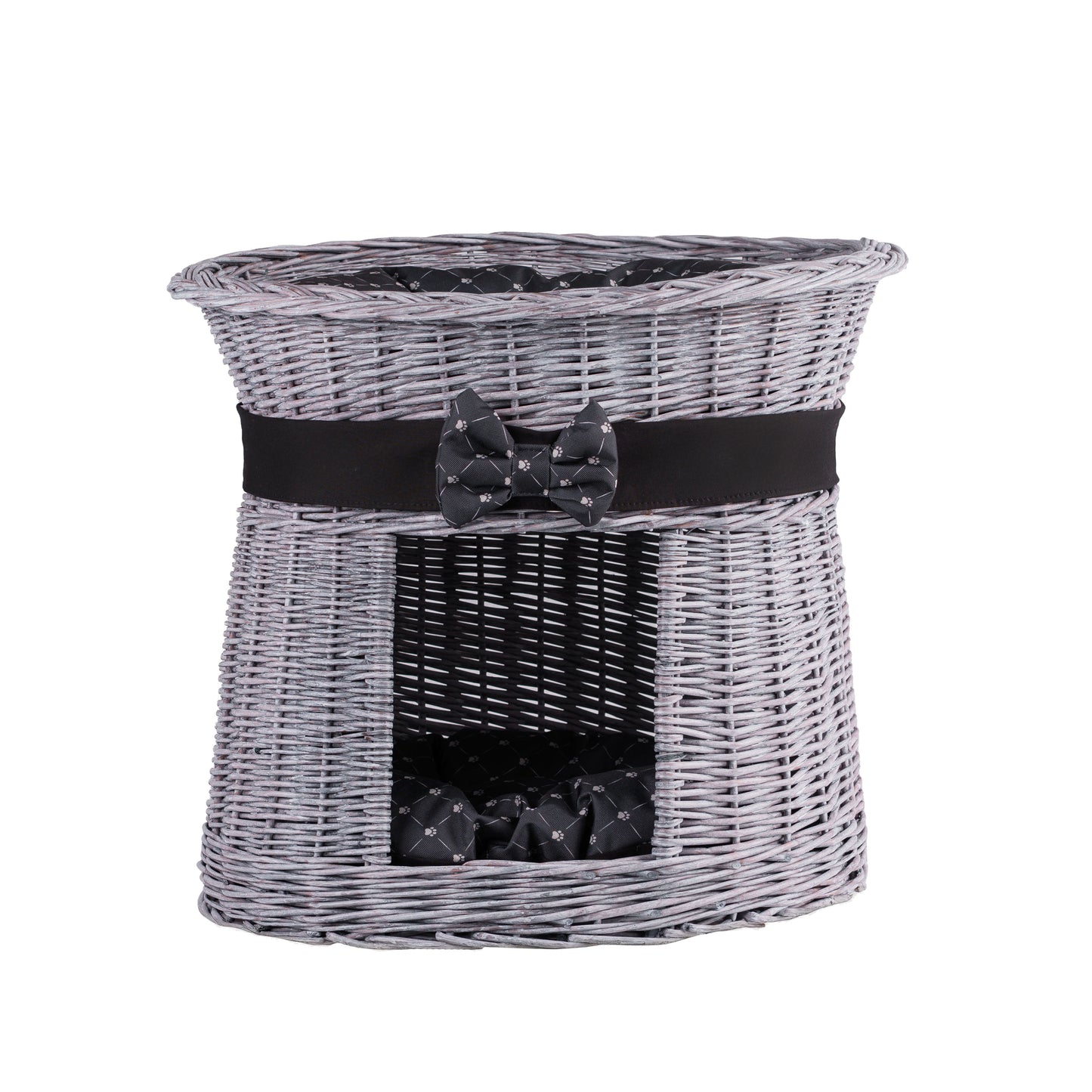 Erif wiklinowy domek dla kota, dwupoziomowy, z czarnym obszyciem i poduszkami TheWickerStories