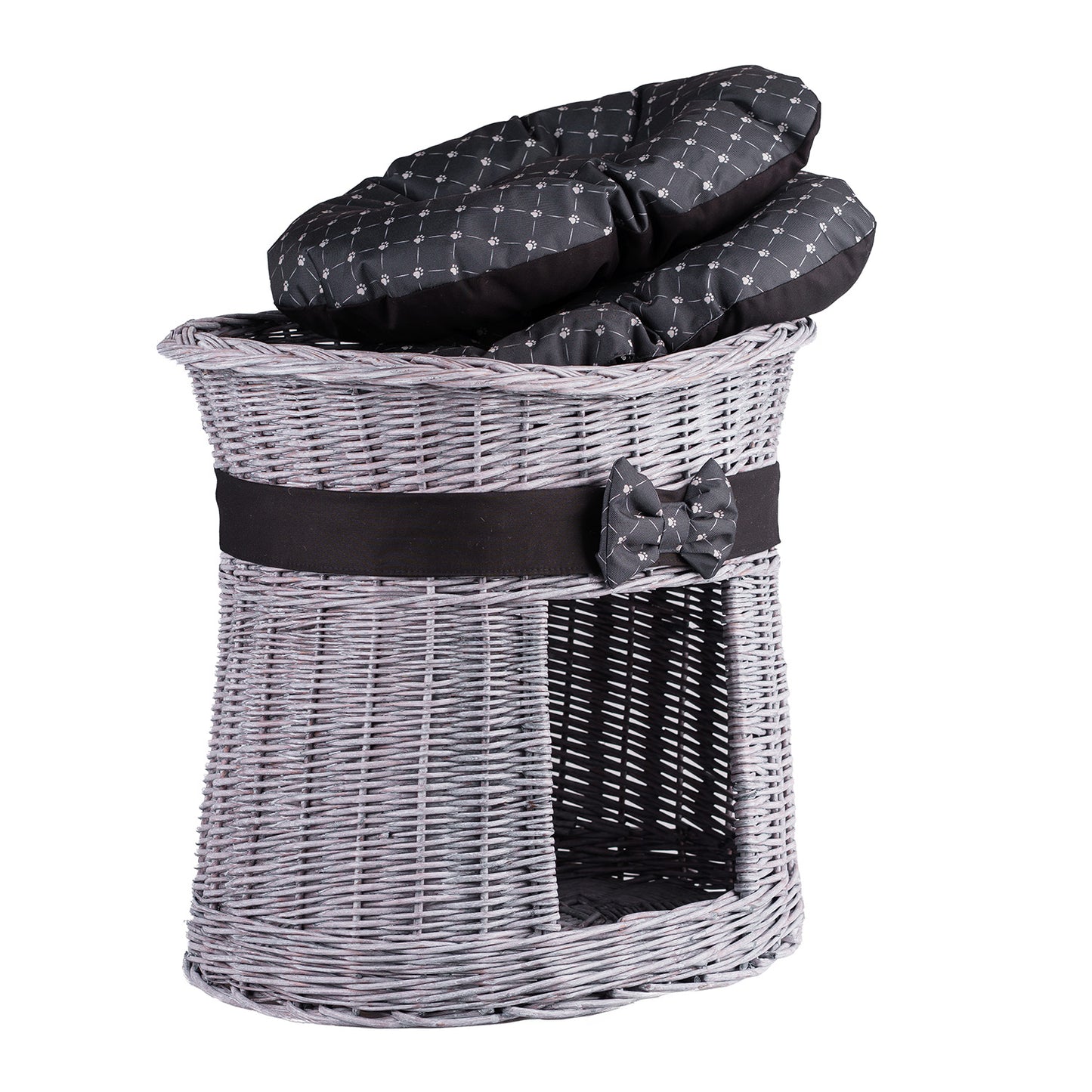 Erif wiklinowy domek dla kota, dwupoziomowy, z czarnym obszyciem i poduszkami TheWickerStories