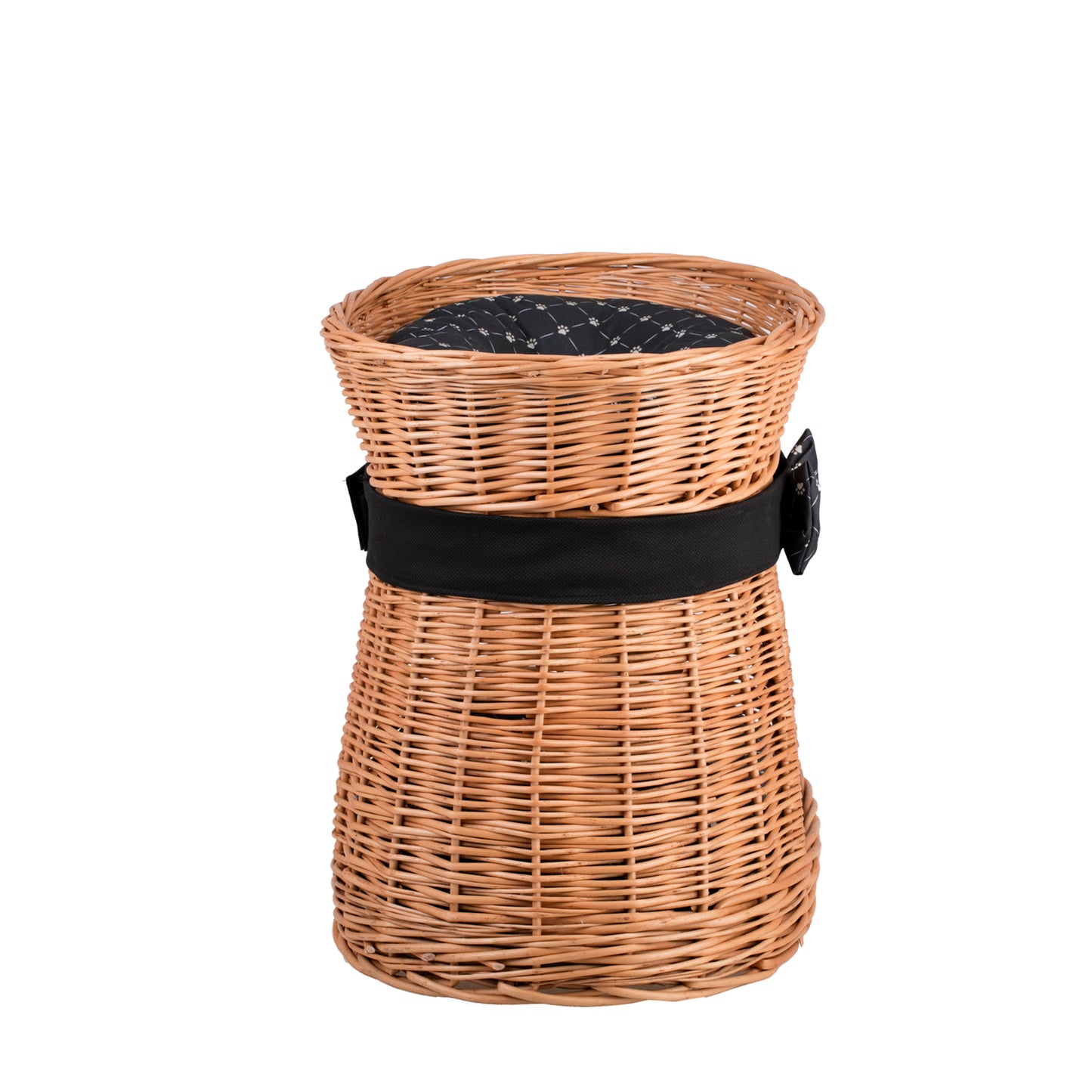 Erif wiklinowy domek dla kota dwupoziomowy z czarnymi poduszkami i kokardą TheWickerStories