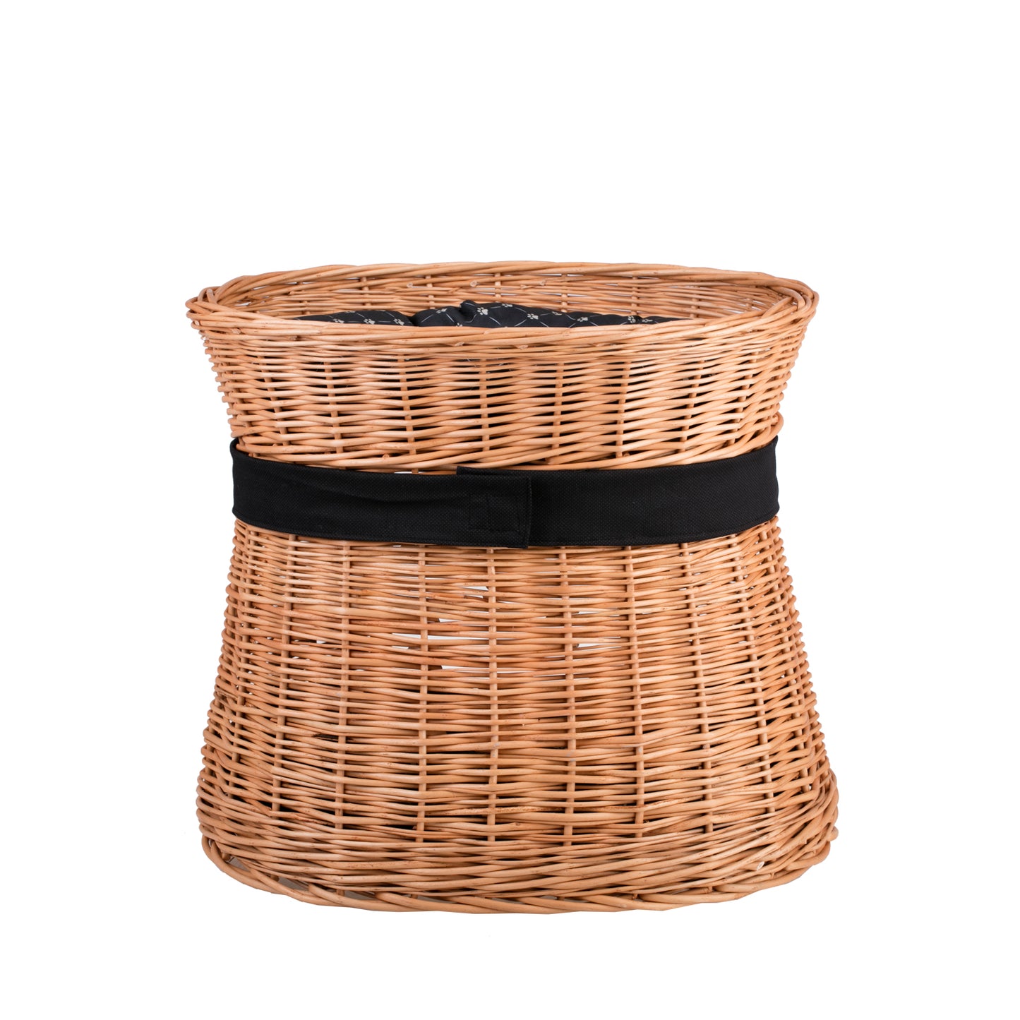 Erif wiklinowy domek dla kota dwupoziomowy z czarnymi poduszkami i kokardą TheWickerStories