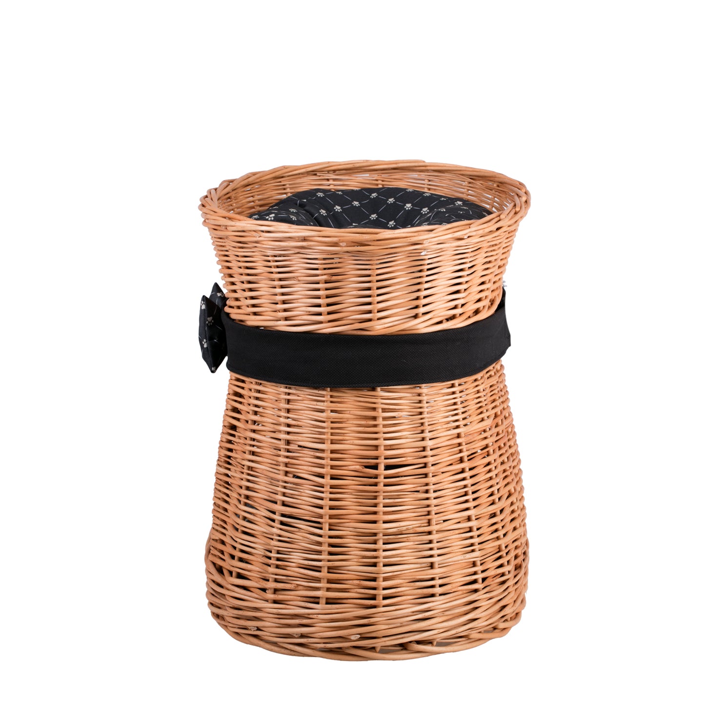 Erif wiklinowy domek dla kota dwupoziomowy z czarnymi poduszkami i kokardą TheWickerStories