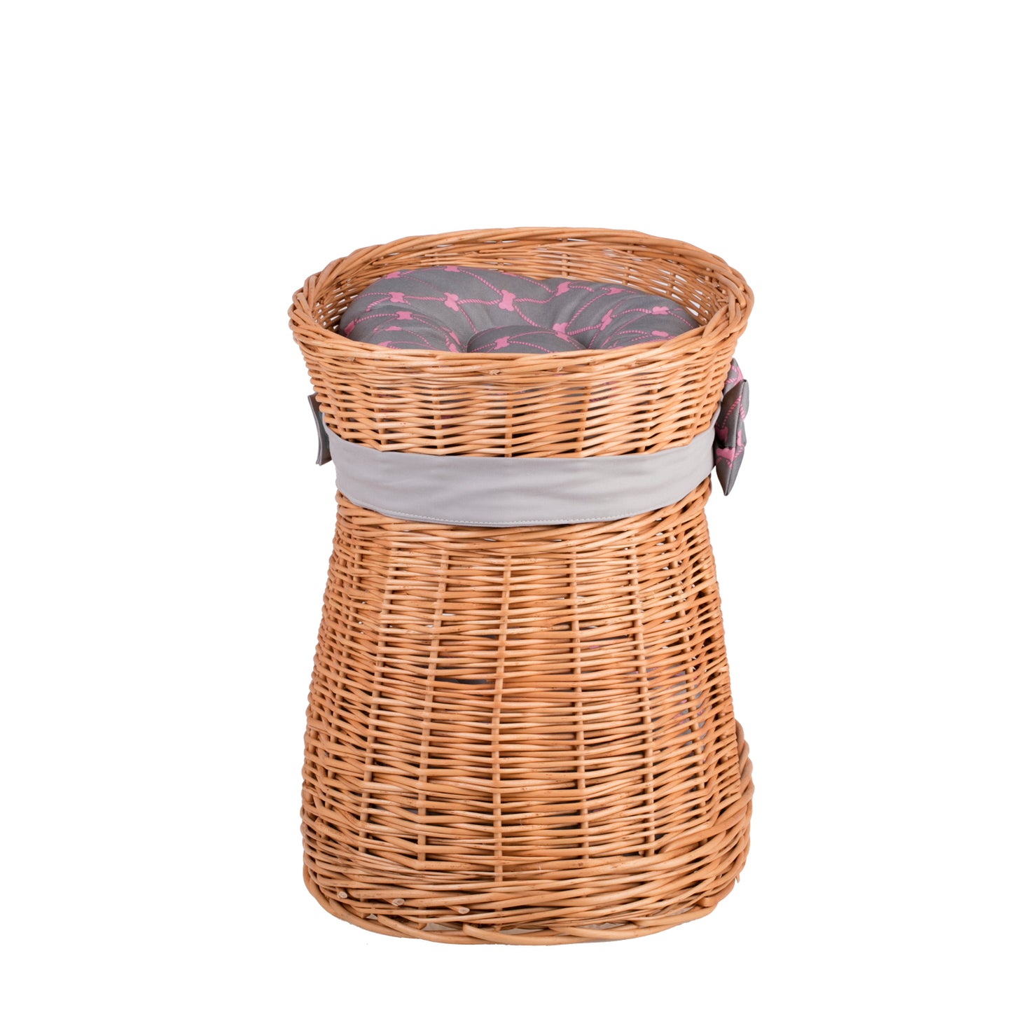 Erif wiklinowy domek dla kota z dwoma poziomami, z szarymi poduszkami i kokardą TheWickerStories