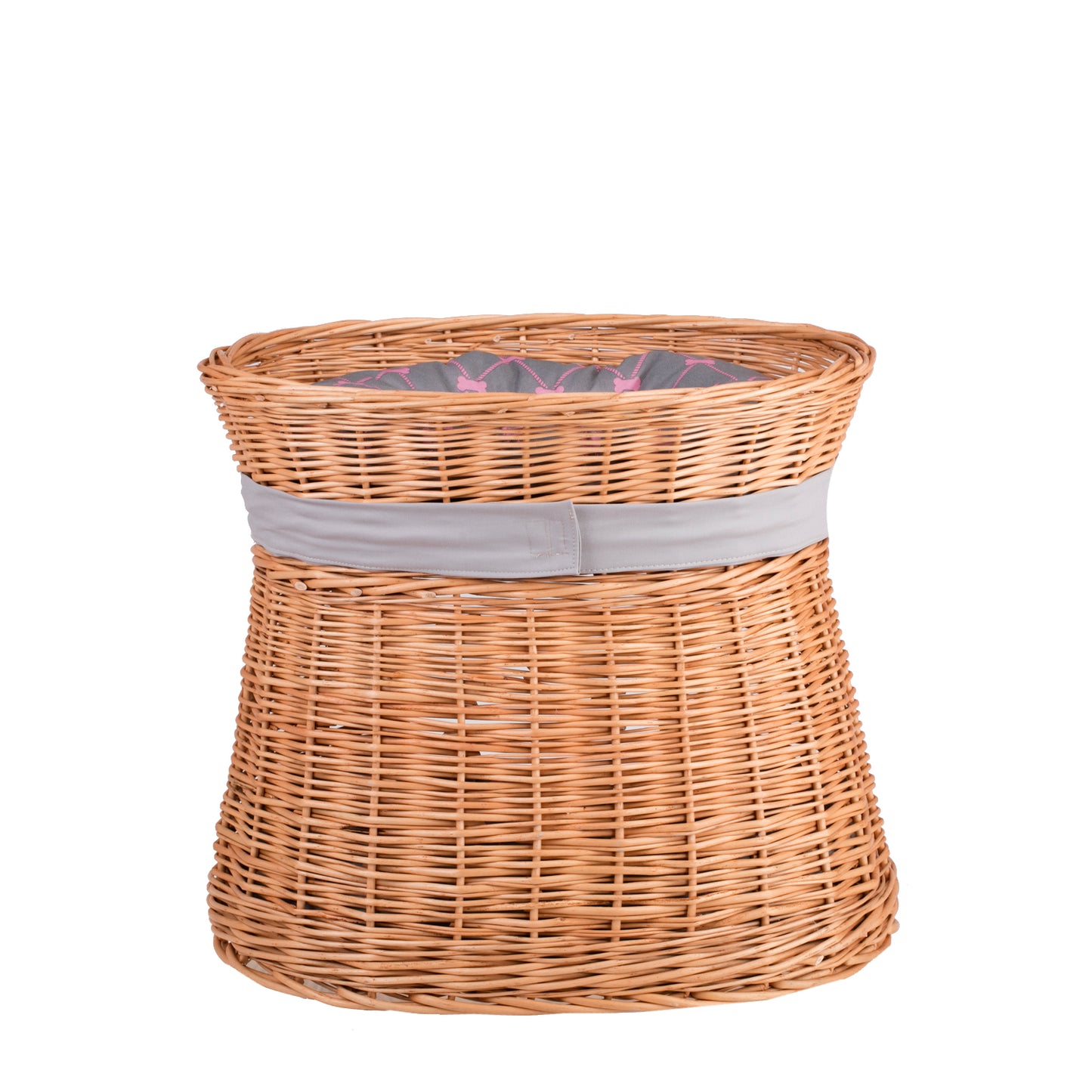 Erif wiklinowy domek dla kota z dwoma poziomami, z szarymi poduszkami i kokardą TheWickerStories