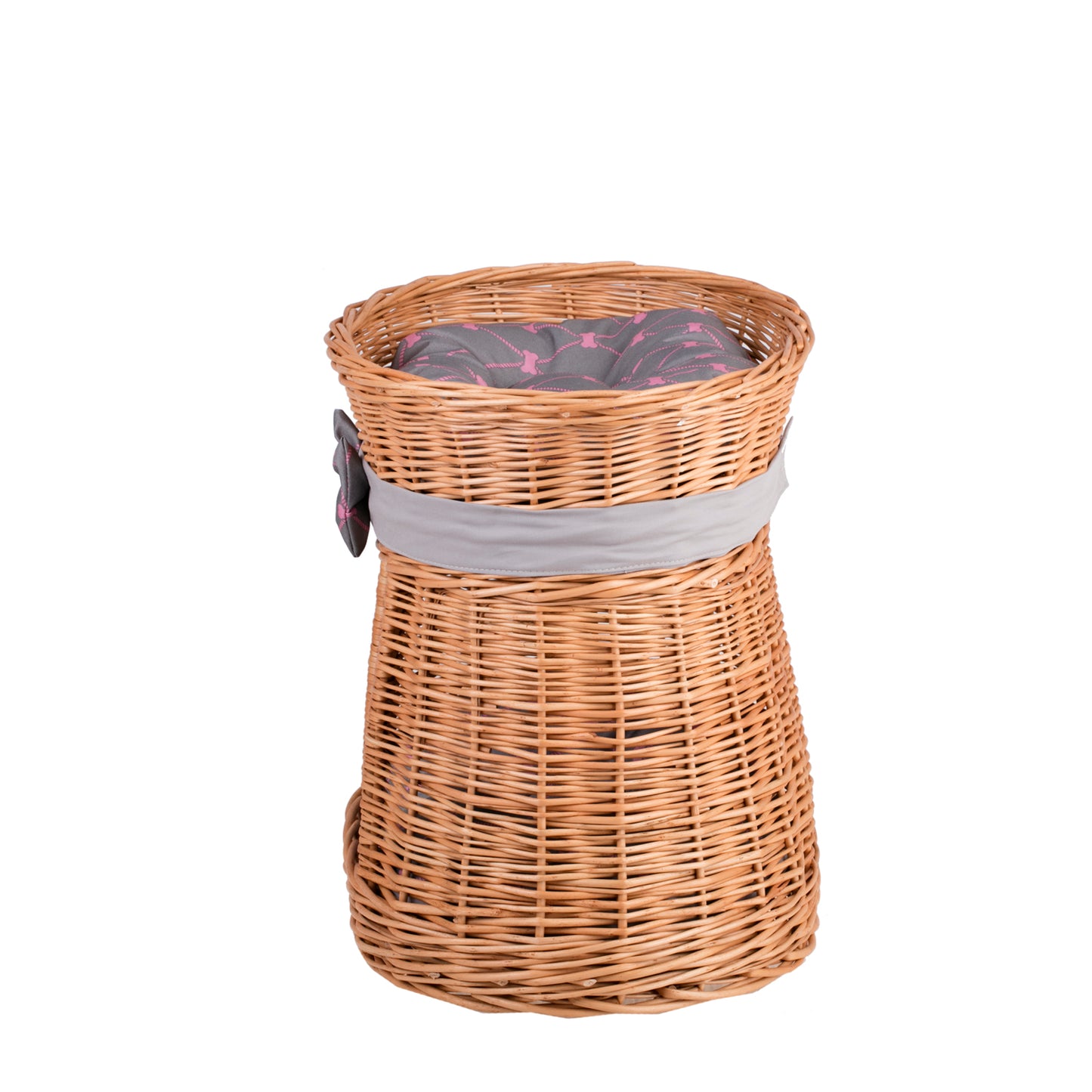 Erif wiklinowy domek dla kota z dwoma poziomami, z szarymi poduszkami i kokardą TheWickerStories