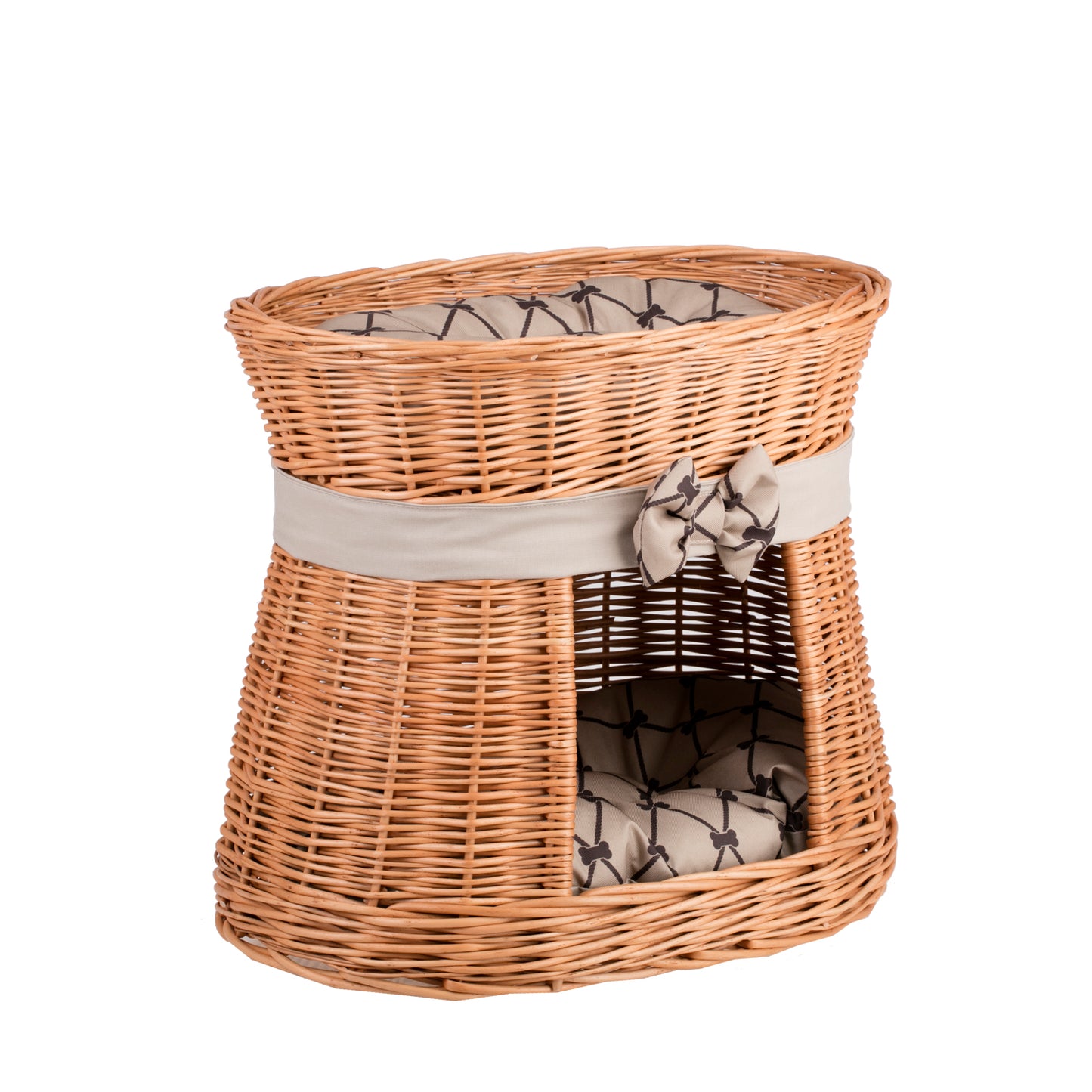 Erif wiklinowy domek dla kota z beżowymi poduszkami i kokardą, dwie kondygnacje TheWickerStories