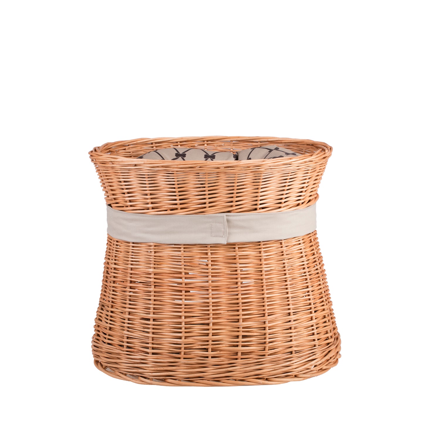 Erif wiklinowy domek dla kota z beżowymi poduszkami i kokardą, dwie kondygnacje TheWickerStories